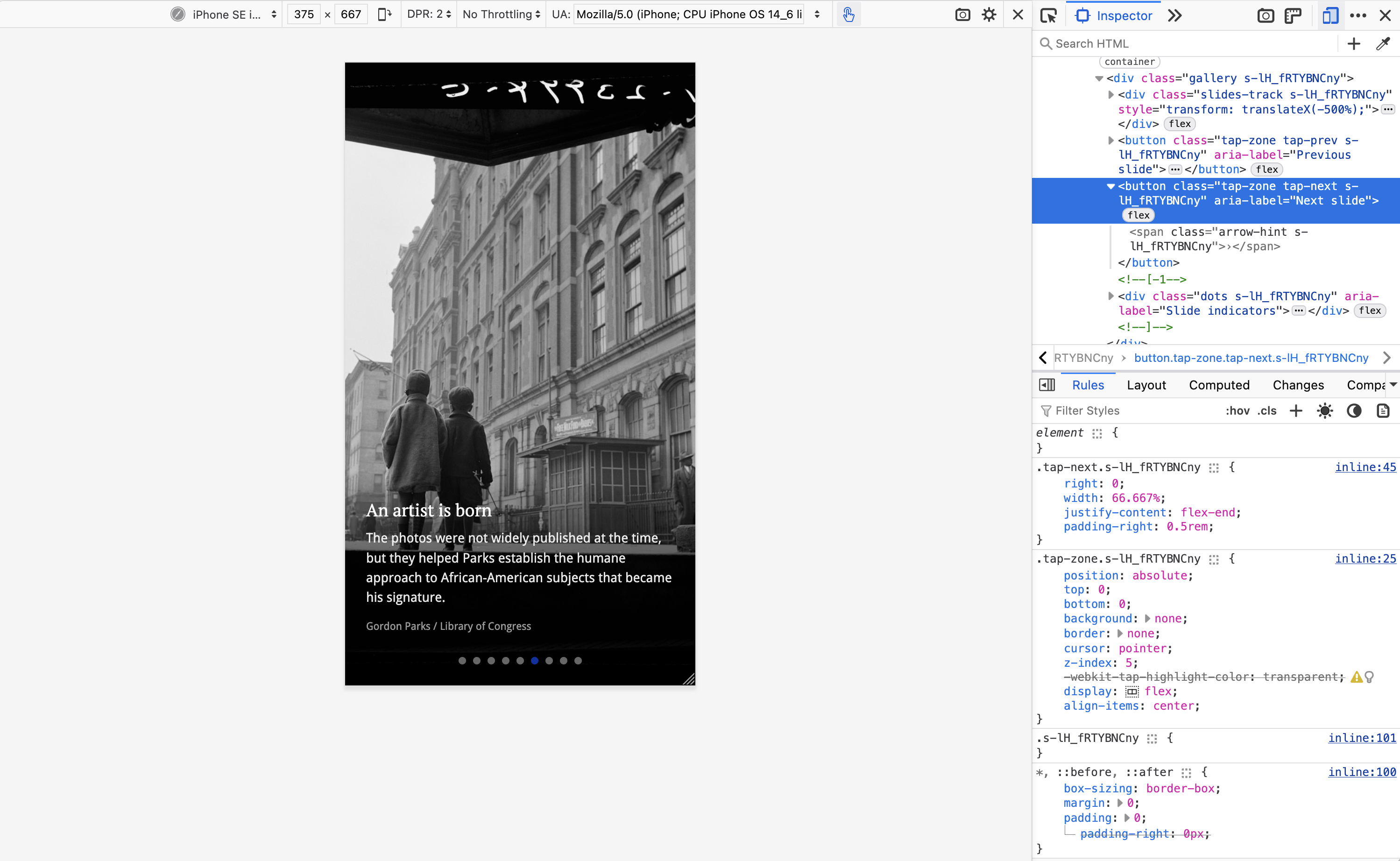 Chrome DevTools device toolbar showing the photo gallery rendered in a simulated mobile phone viewport