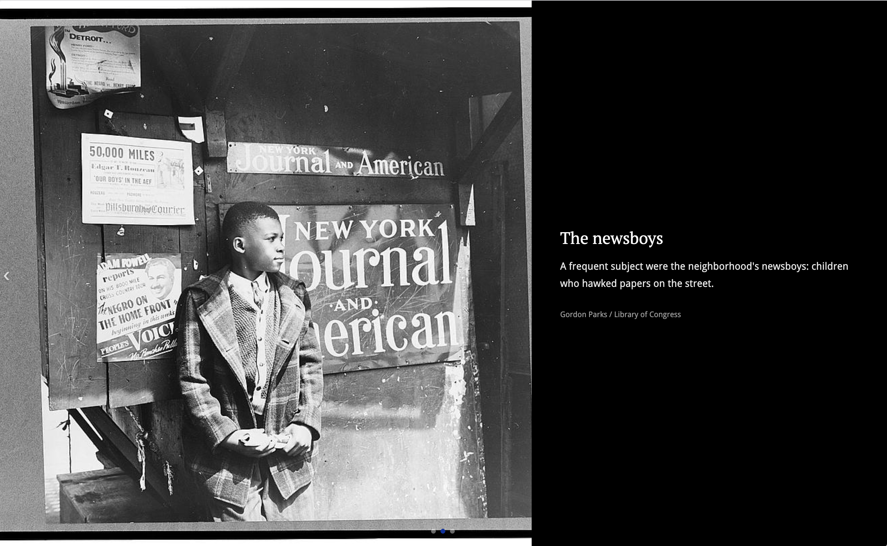 The photo gallery showing a full-screen Gordon Parks photograph of a Harlem newsboy with a caption overlay at the bottom