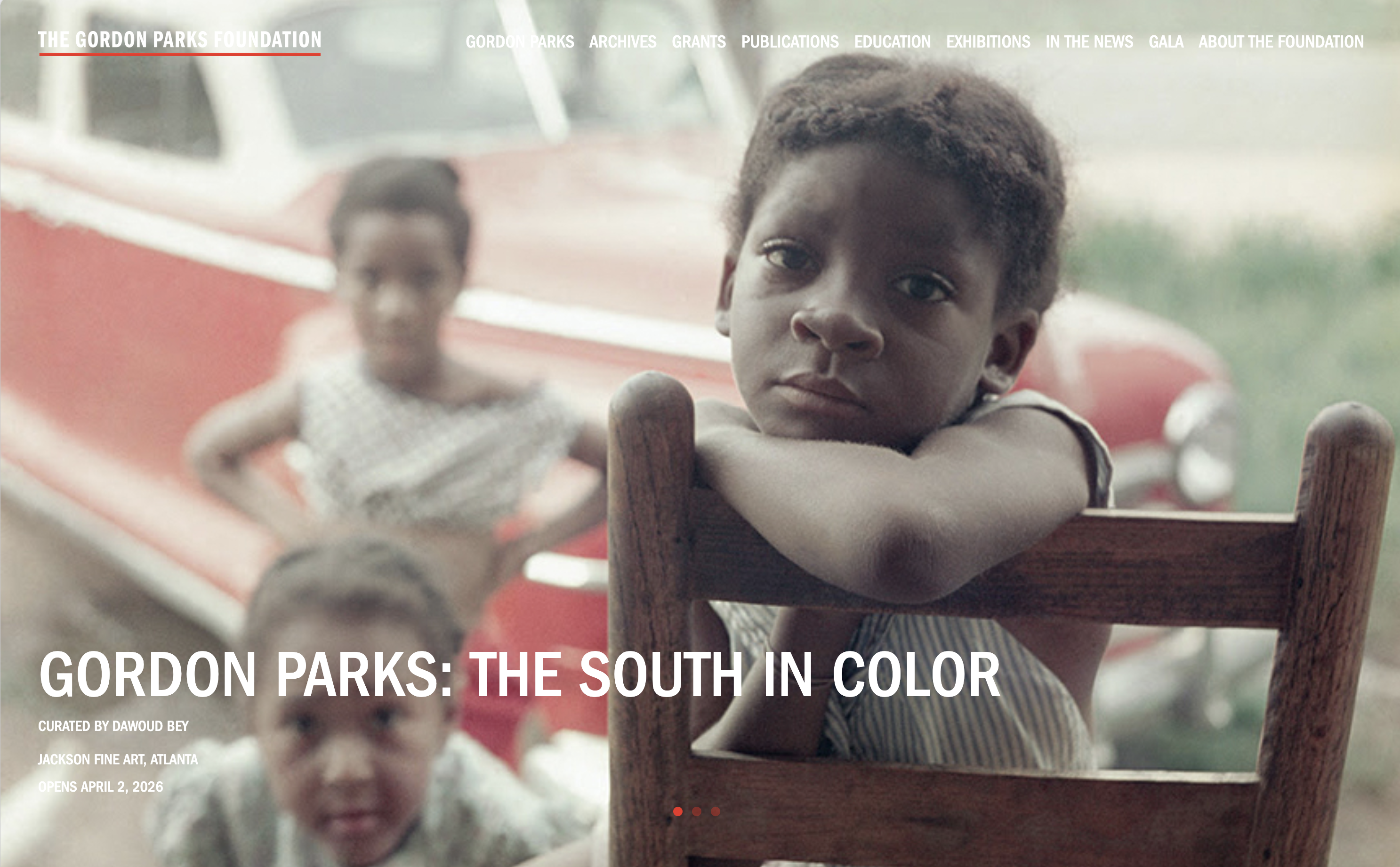 The Gordon Parks Foundation website showing a black-and-white portrait of Gordon Parks and information about his life and legacy