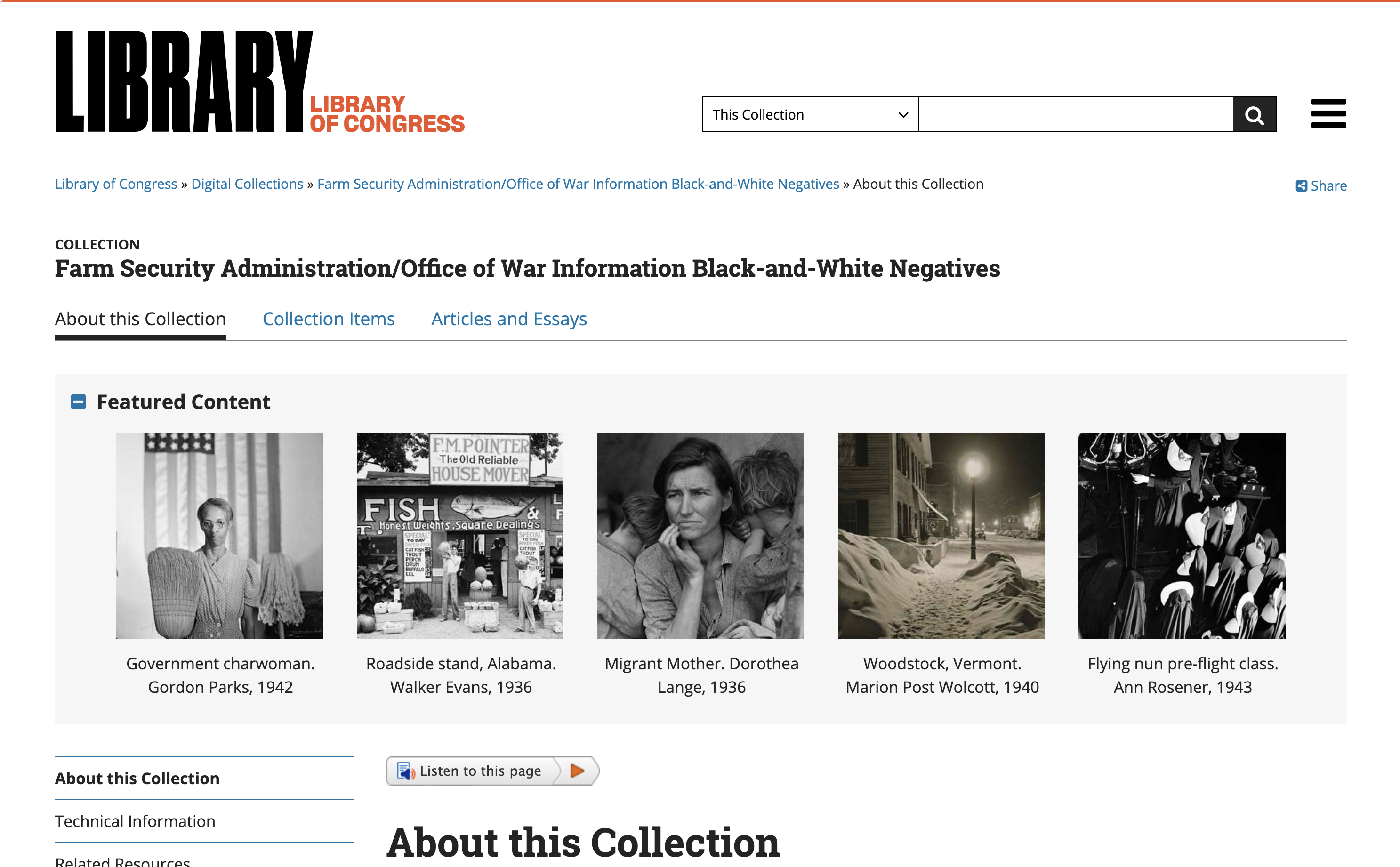 The Library of Congress FSA/OWI Black-and-White Negatives collection page showing featured photographs by Gordon Parks, Dorothea Lange, Walker Evans, and other photographers