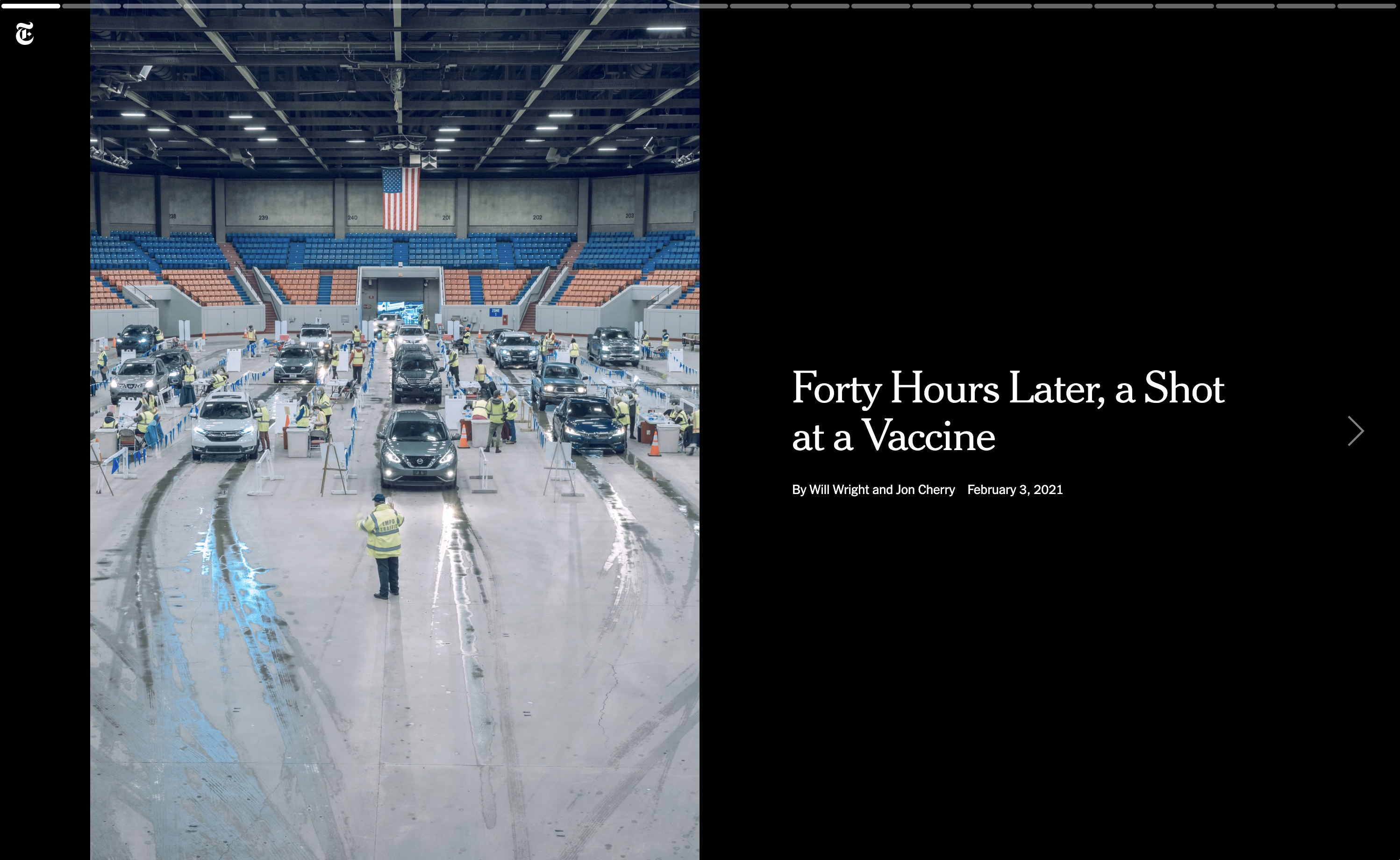 The New York Times photo essay on the COVID vaccine rollout in Kentucky, showing a full-screen photograph with a caption overlay at the bottom and dot navigation indicators