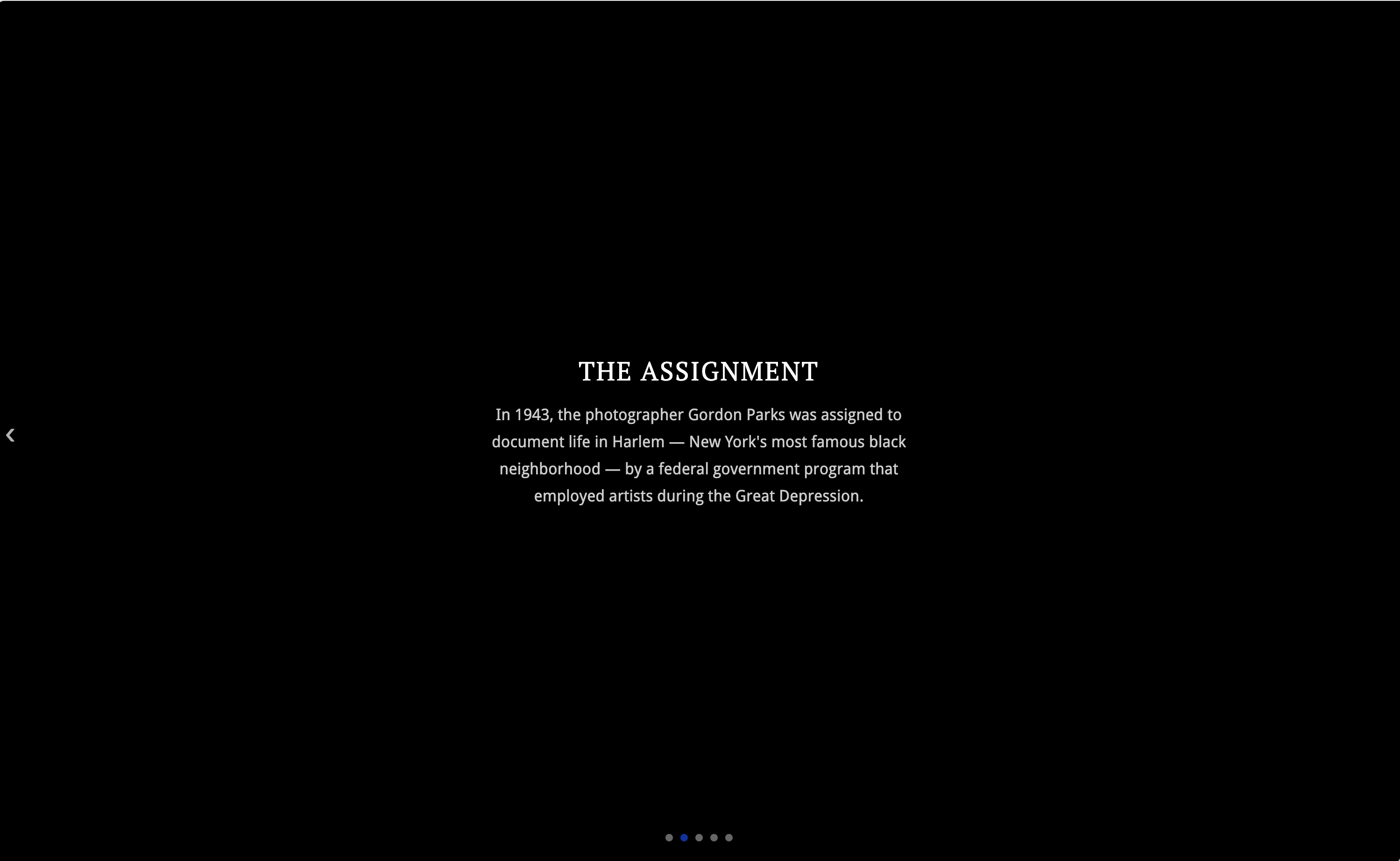 A full-screen black card with centered white text showing 'THE ASSIGNMENT' as a chapter heading and a paragraph of context beneath it