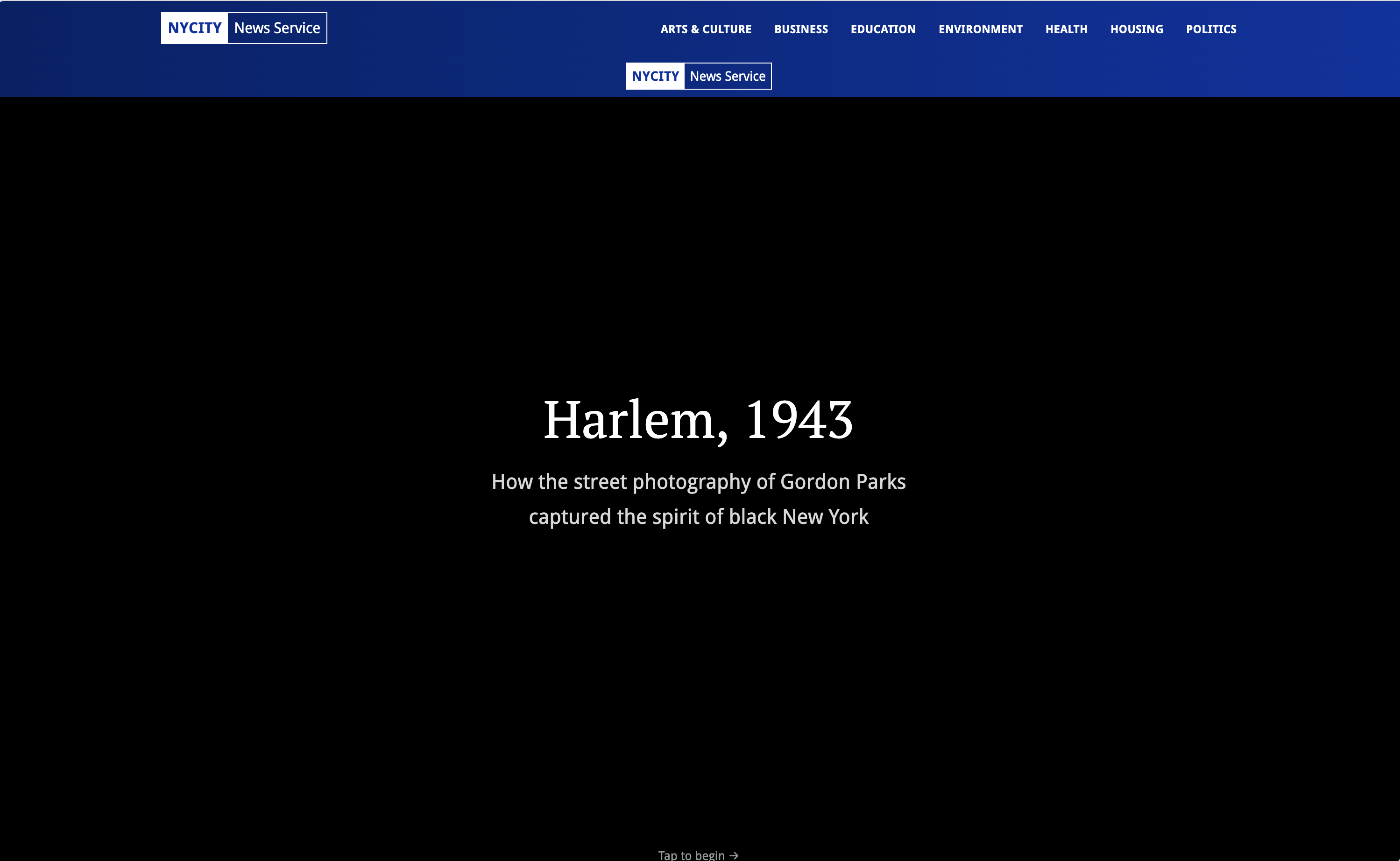 A black screen showing the NYCity News Service masthead at top, the headline 'Harlem, 1943' centered, and a 'Tap to begin' prompt at the bottom
