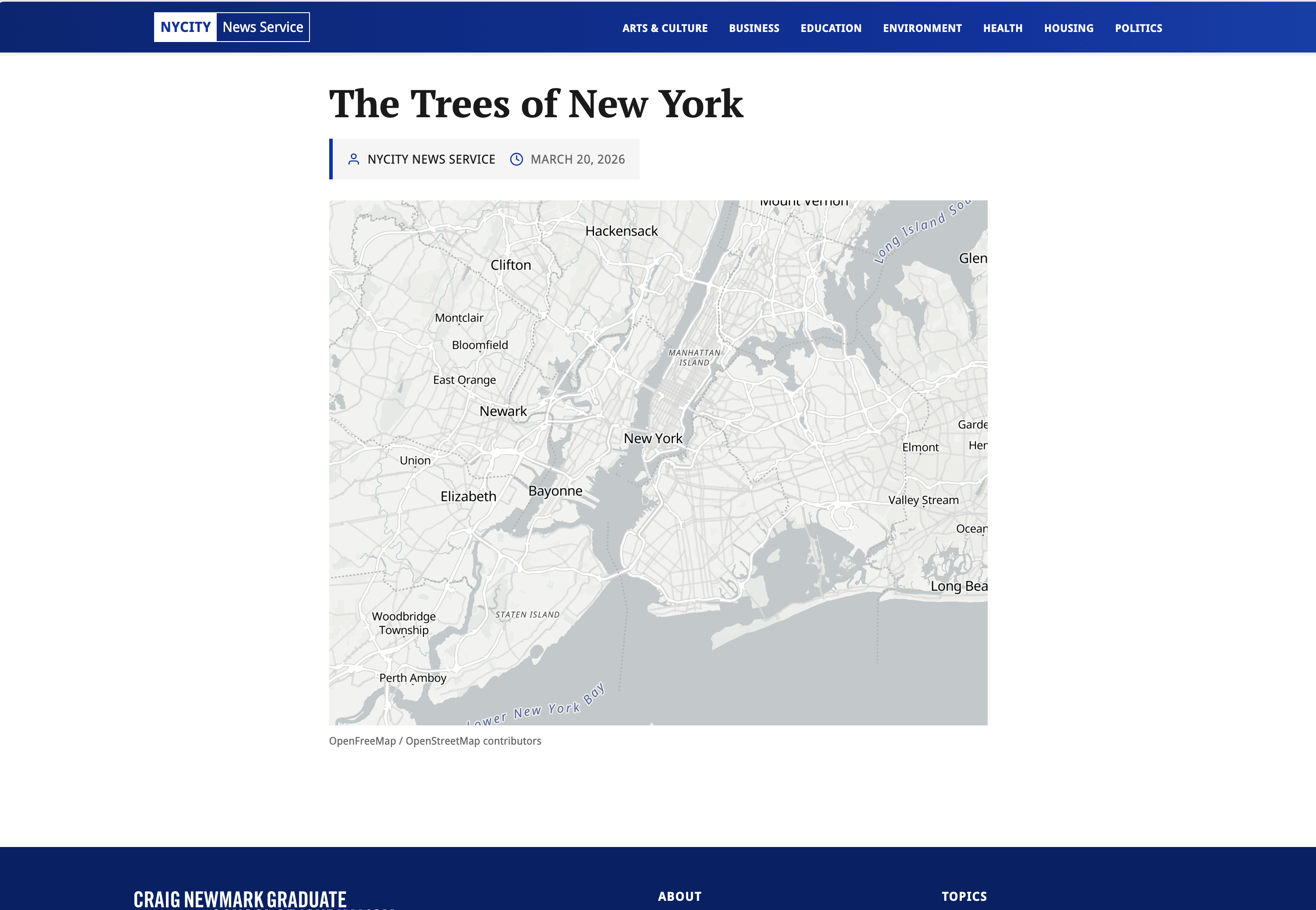 A pale-gray map of New York City with no data overlaid, sitting below an article header reading 'The Trees of New York' with a byline