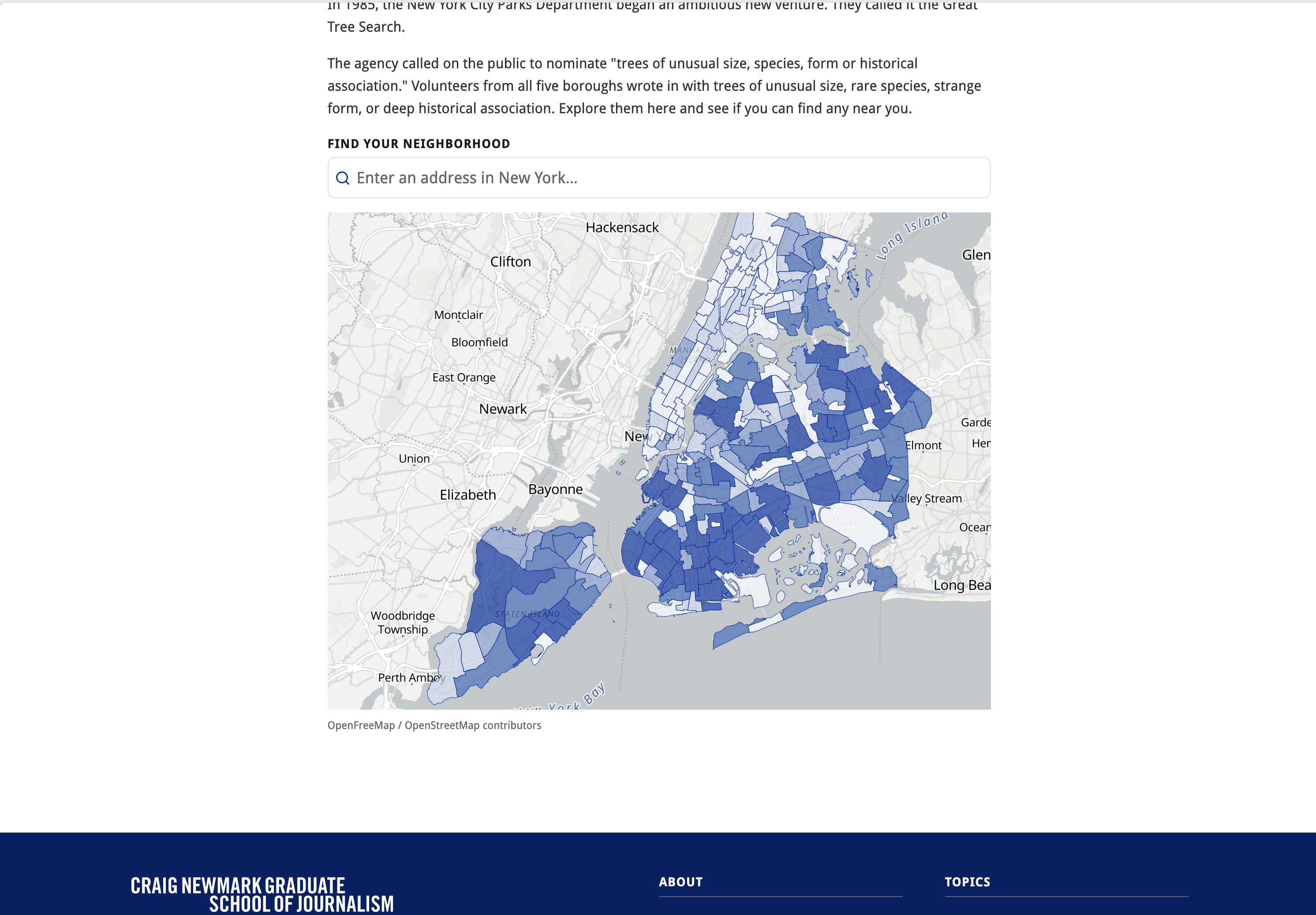 A map of NYC with neighborhoods shaded from light to dark blue by London plane tree count.