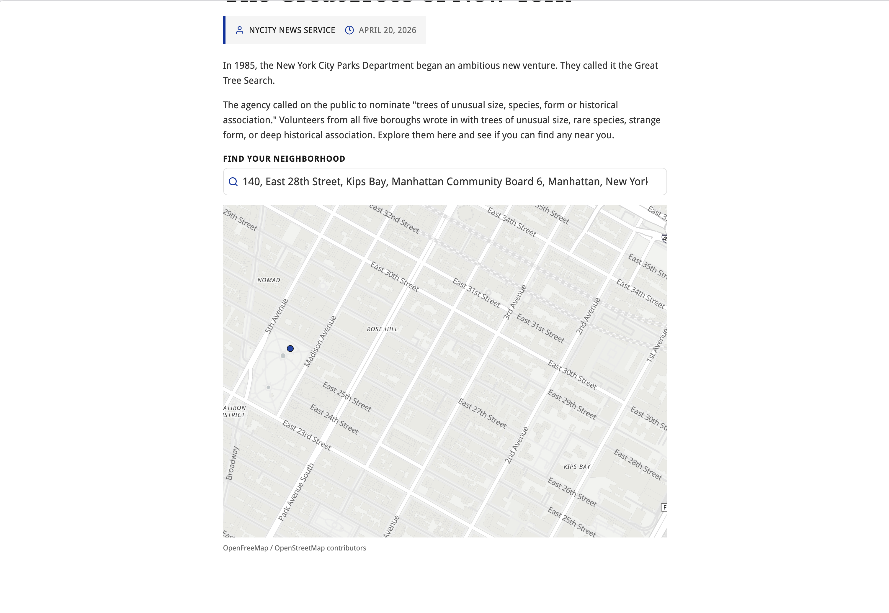 The page showing a search box zoomed in after a location query