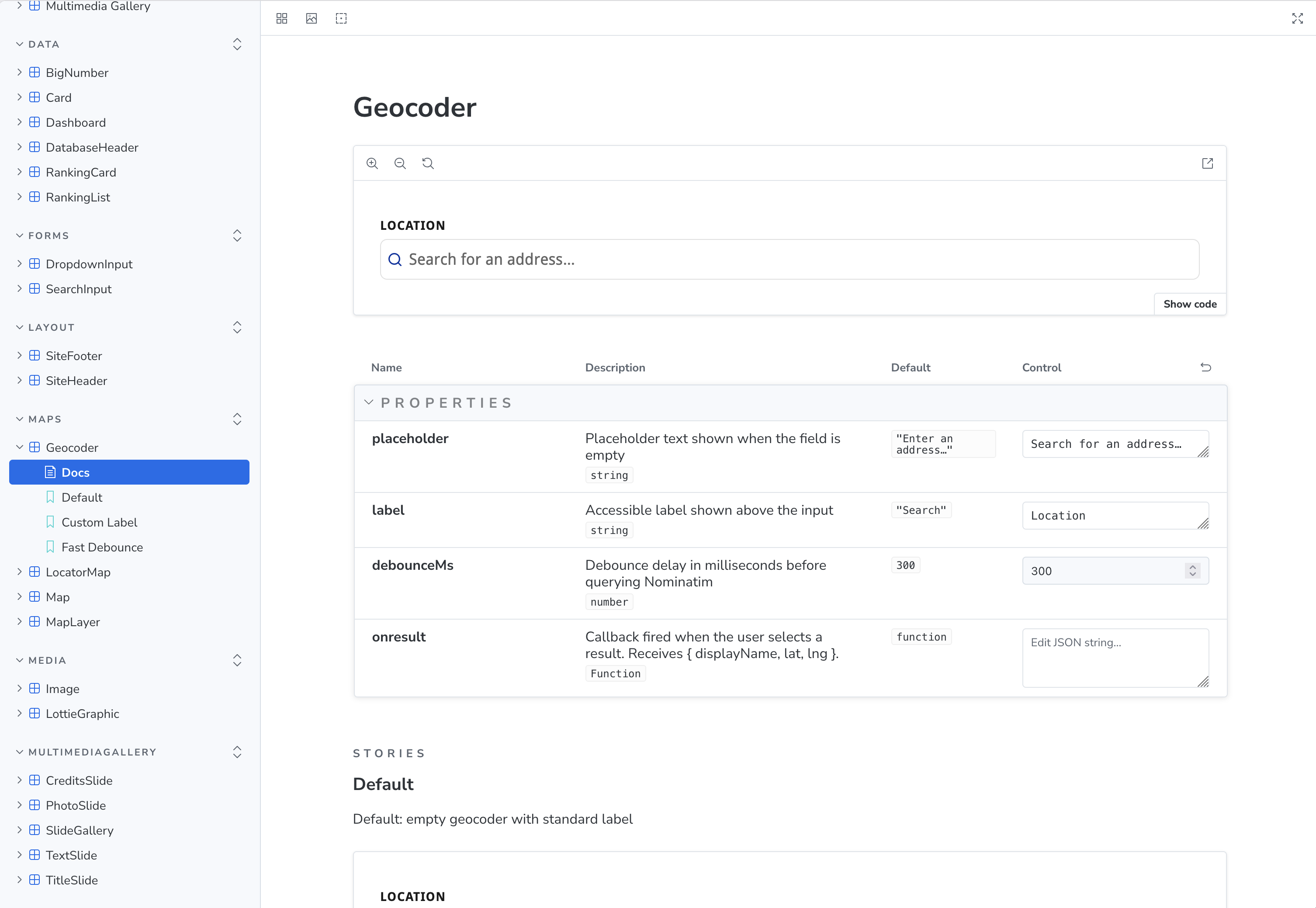 The Storybook documentation page for the Geocoder component