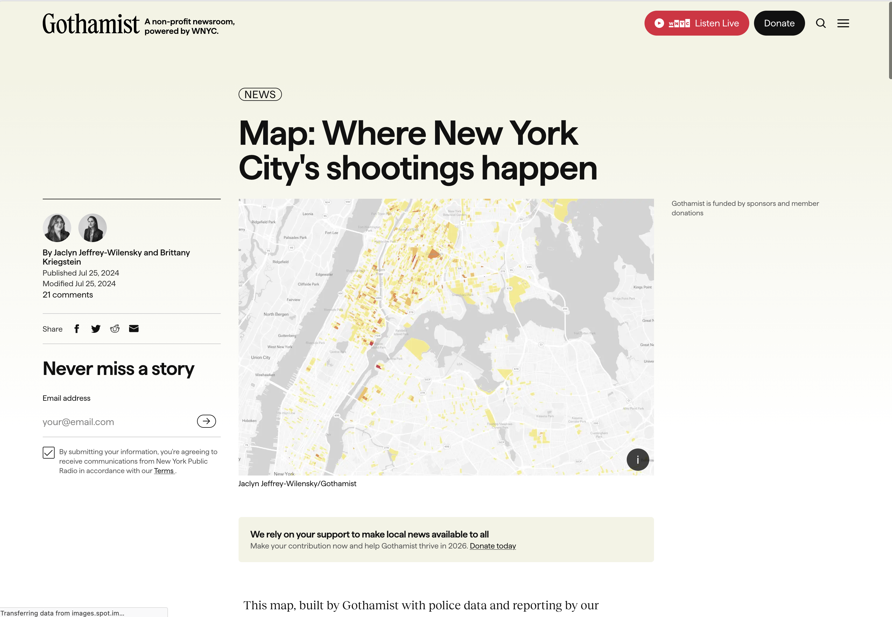 Gothamist's 'Map: Where New York City's shootings happen' showing a map of the five boroughs shaded by census block, with the darkest blocks concentrated in parts of the Bronx, Brooklyn, and Harlem