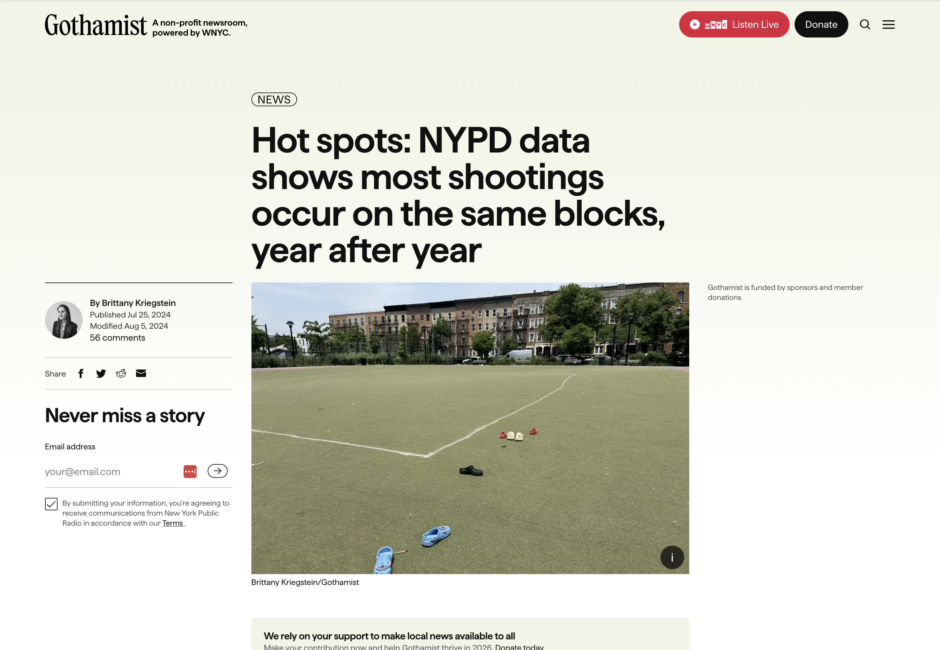 Gothamist's 'Hot spots: NYPD data shows most shootings occur on the same blocks, year after year' story page