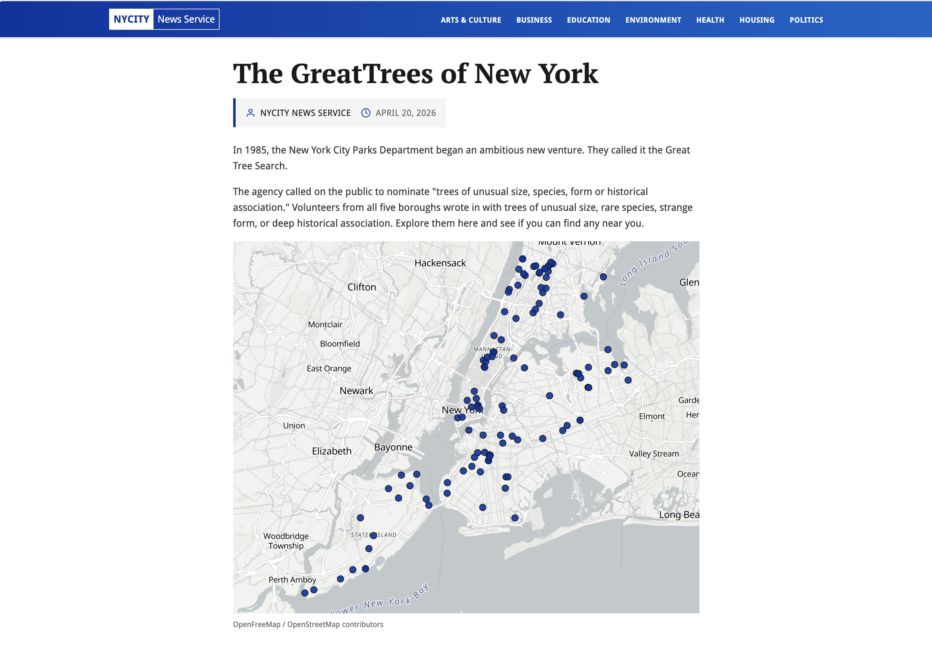 A pale-gray map of the five boroughs studded with blue dots