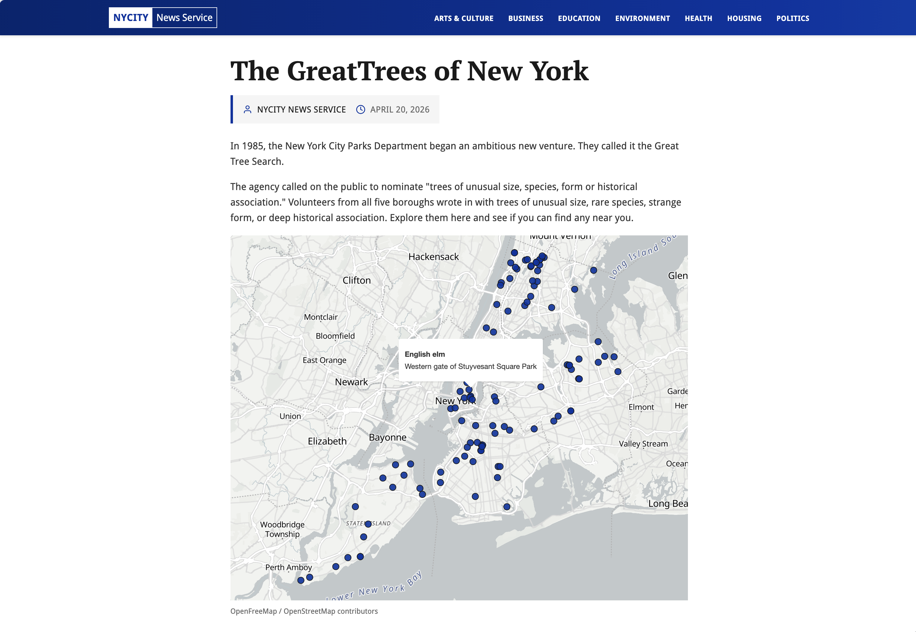 A zoomed-in map showing a blue dot over Prospect Park with a popup reading 'Camperdown elm' above a line about its location south of the Boathouse