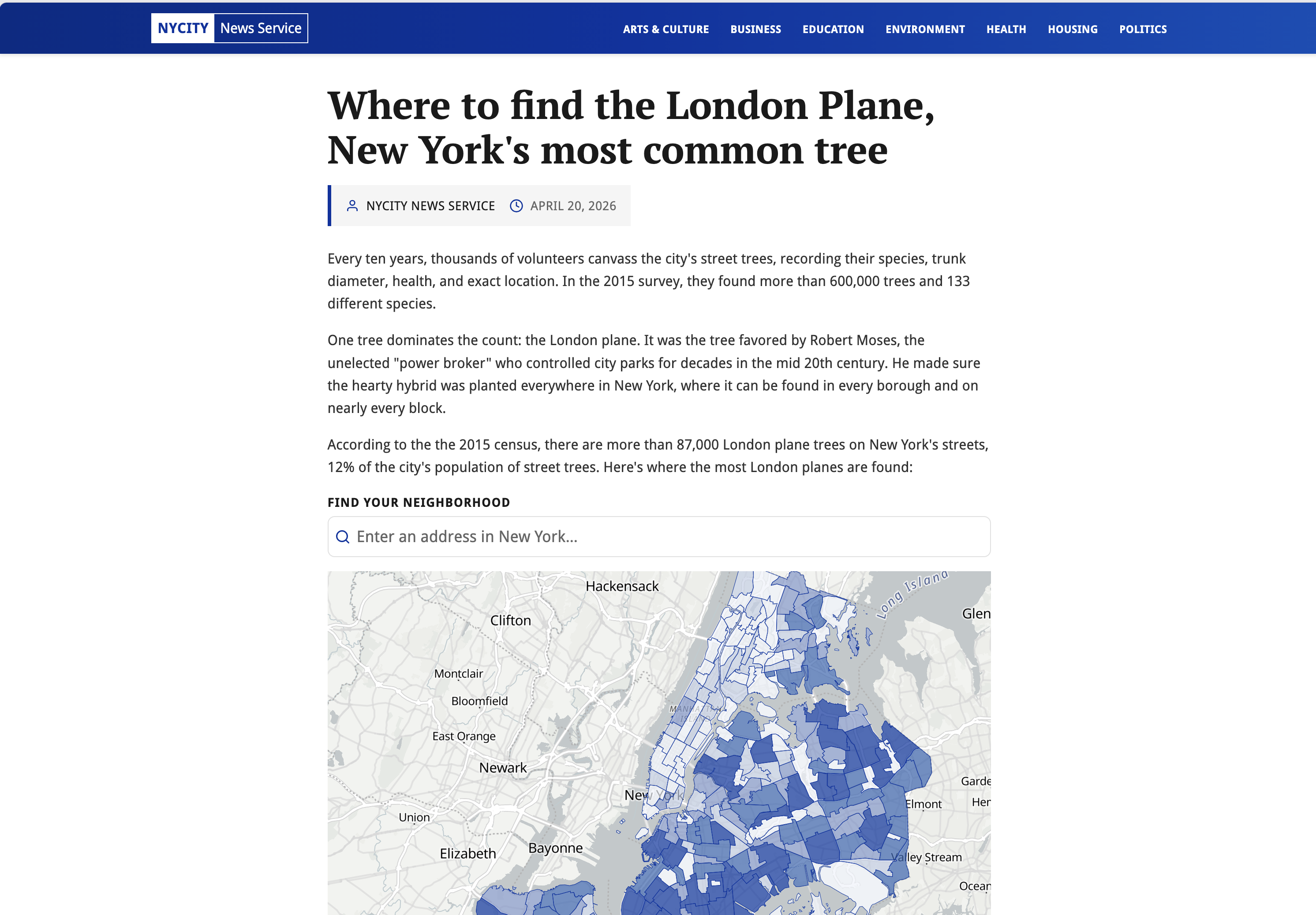 The finished London plane tree choropleth with the article header, introduction, and blue-shaded NTAs across the five boroughs