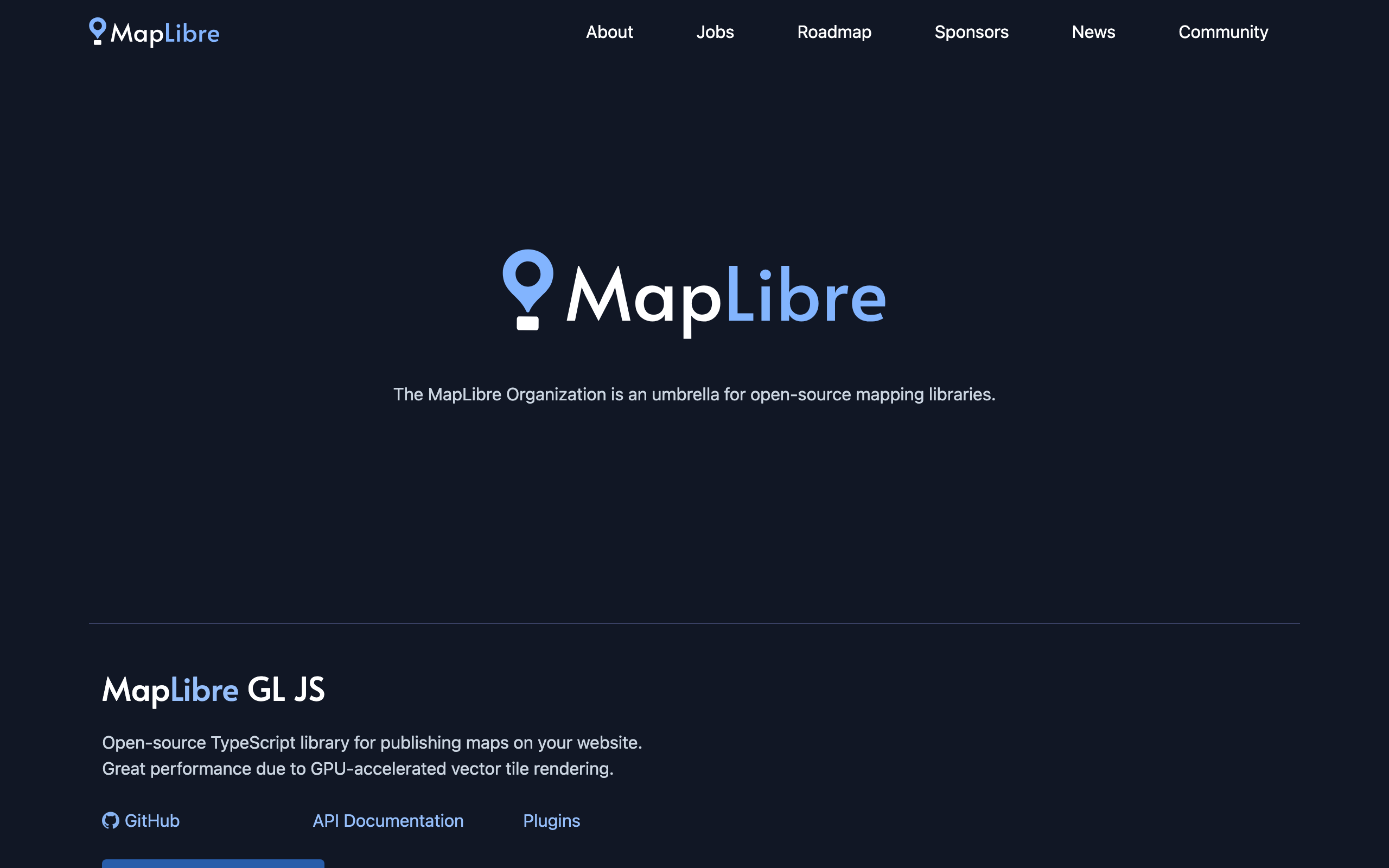 The MapLibre homepage describing the open-source mapping library