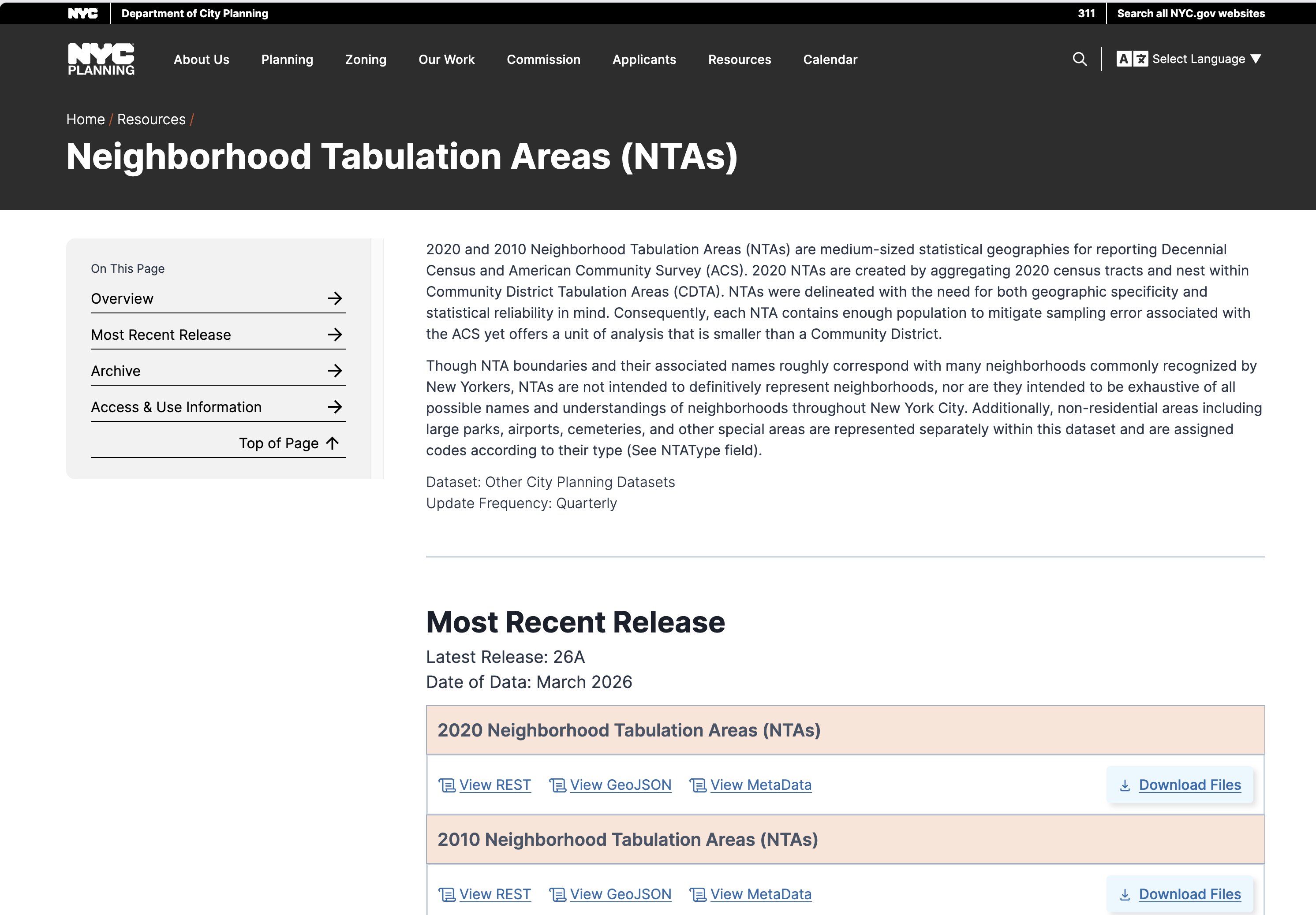 The NYC Department of City Planning page describing Neighborhood Tabulation Areas