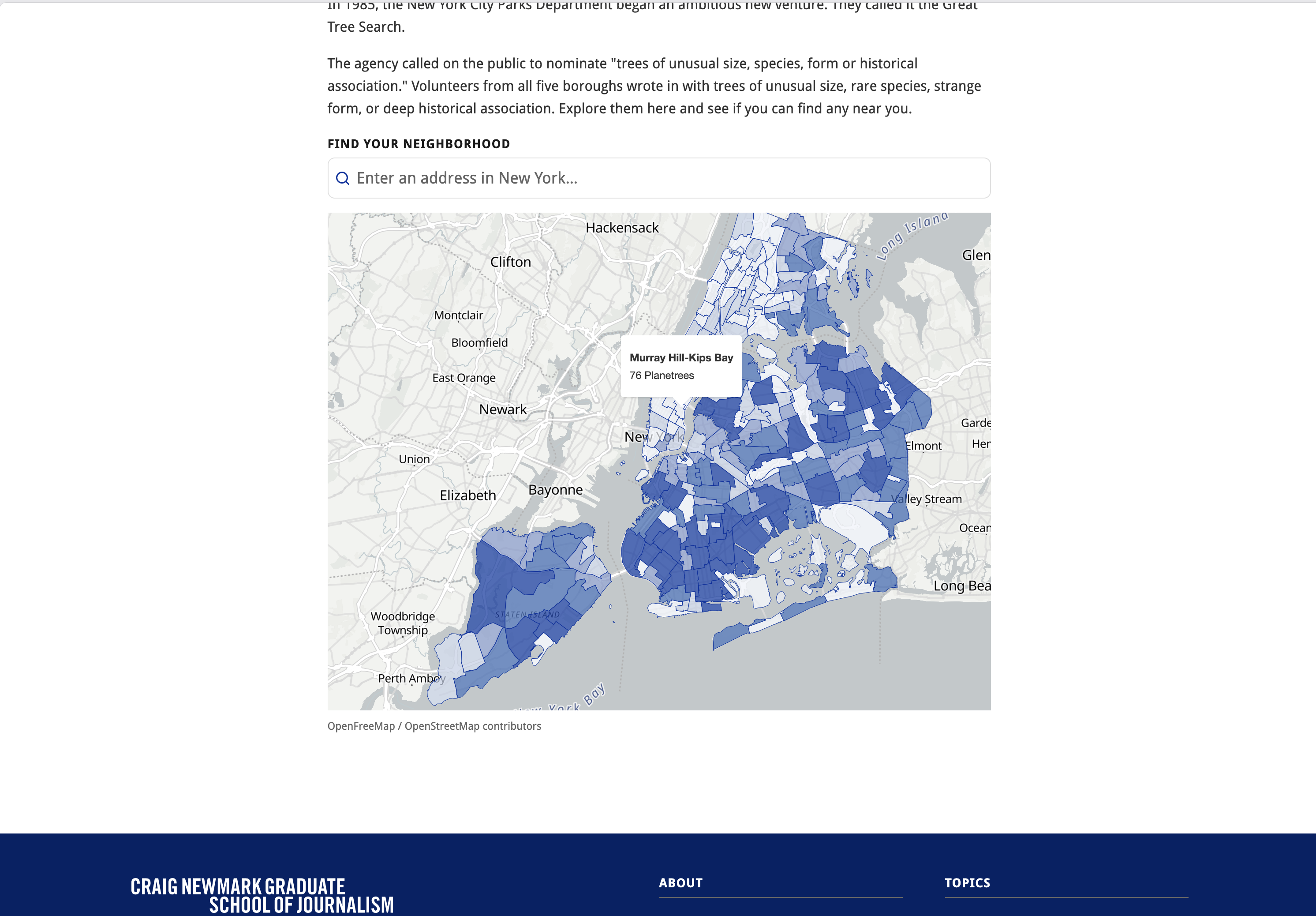 A popup showing how many plane trees live in the Kips Bay neighborhood of Manhattan