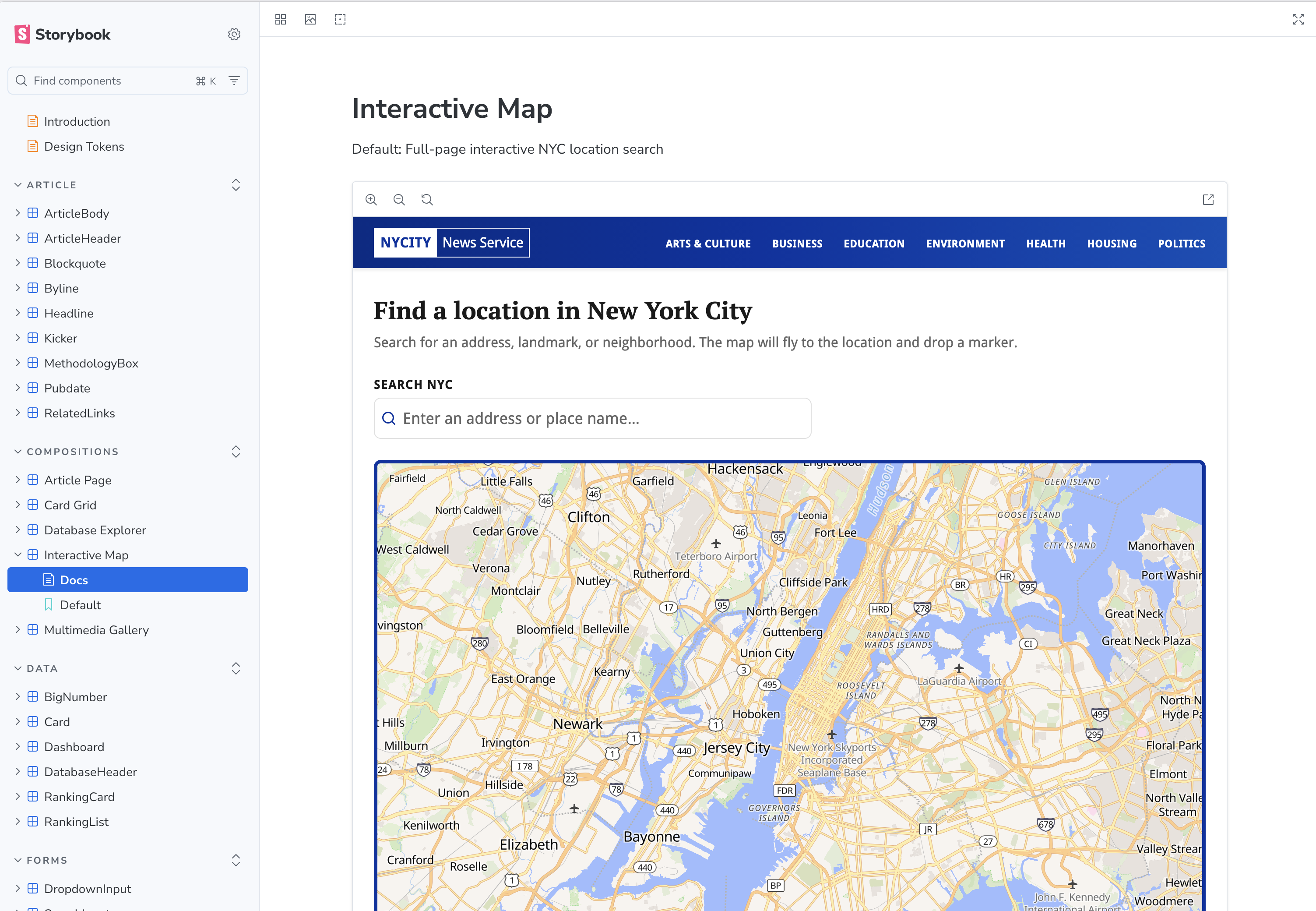 The class template's Storybook showing the Map, MapLayer, and Geocoder components in the sidebar