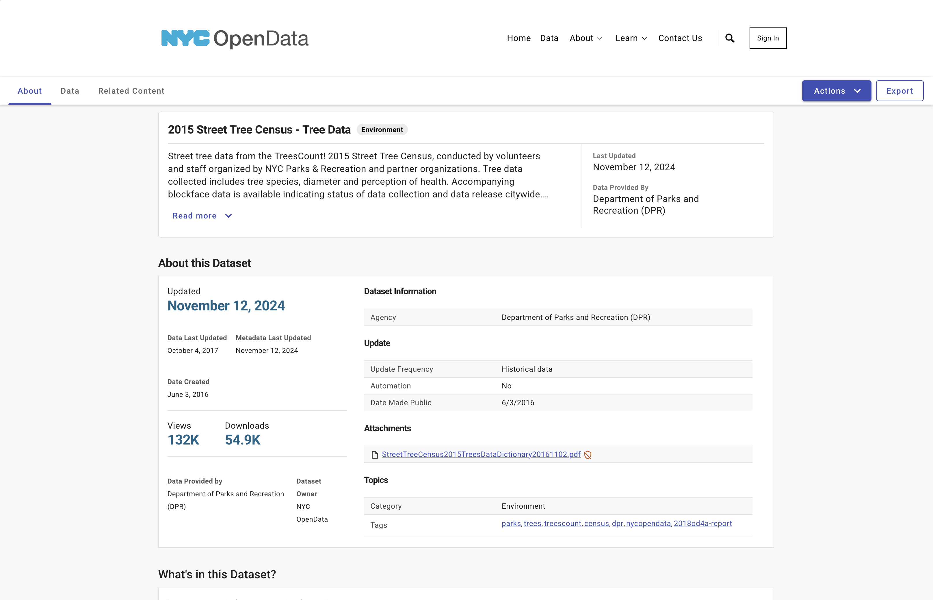 The NYC Open Data portal page for the 2015 Street Tree Census, showing a preview of the data and a download button