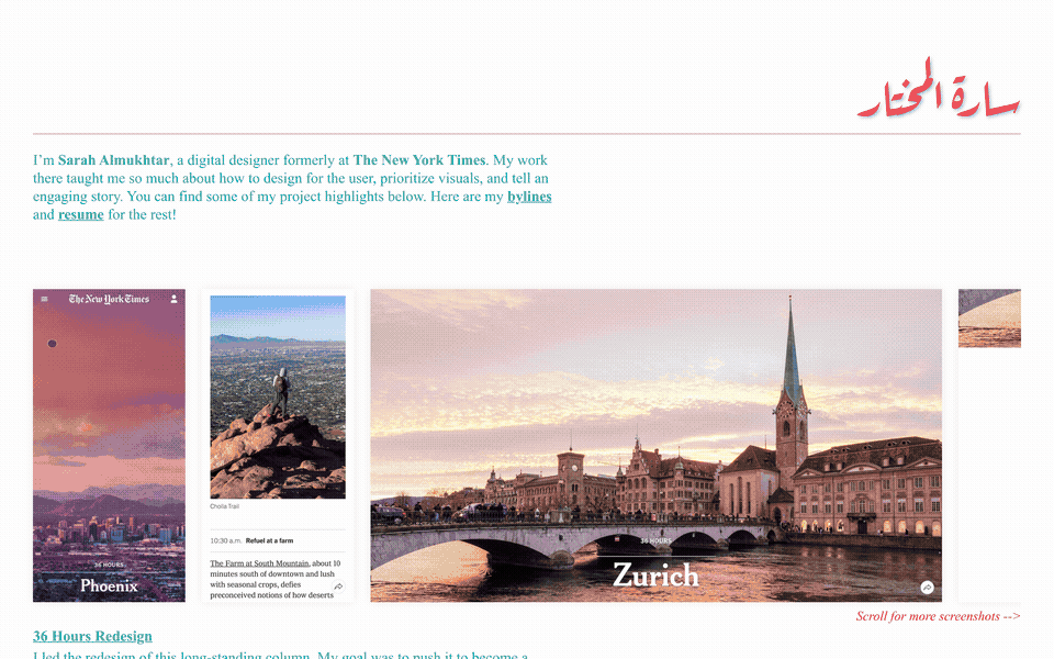 A rotating showcase of seven journalist portfolio sites from class guest speakers, each showing a different approach to presenting their work online