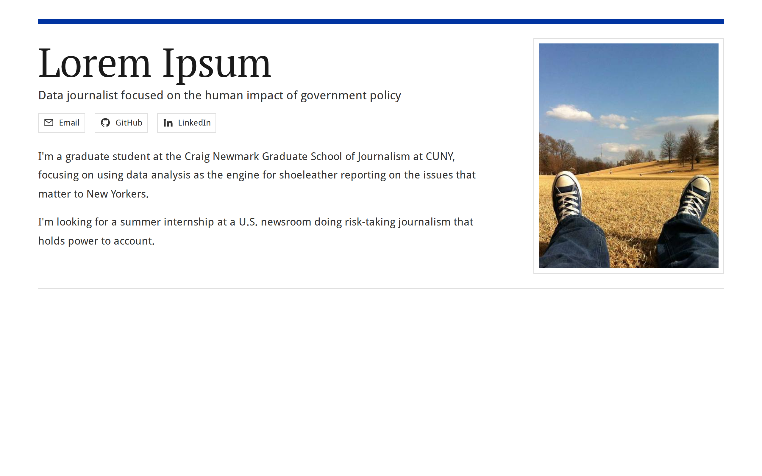 The Profile component rendered with placeholder content showing a large name headline, a tagline below it, a portrait photo placeholder, contact links for email, GitHub, and LinkedIn, and a two-paragraph now/next statement