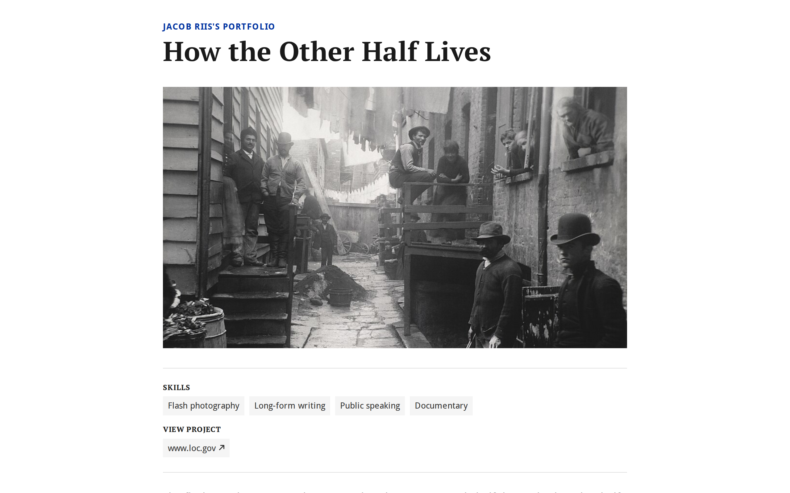 A clip detail page showing the kicker, headline, hero image, skills as tag pills, a link to the original work, and the body prose — all composed from template components