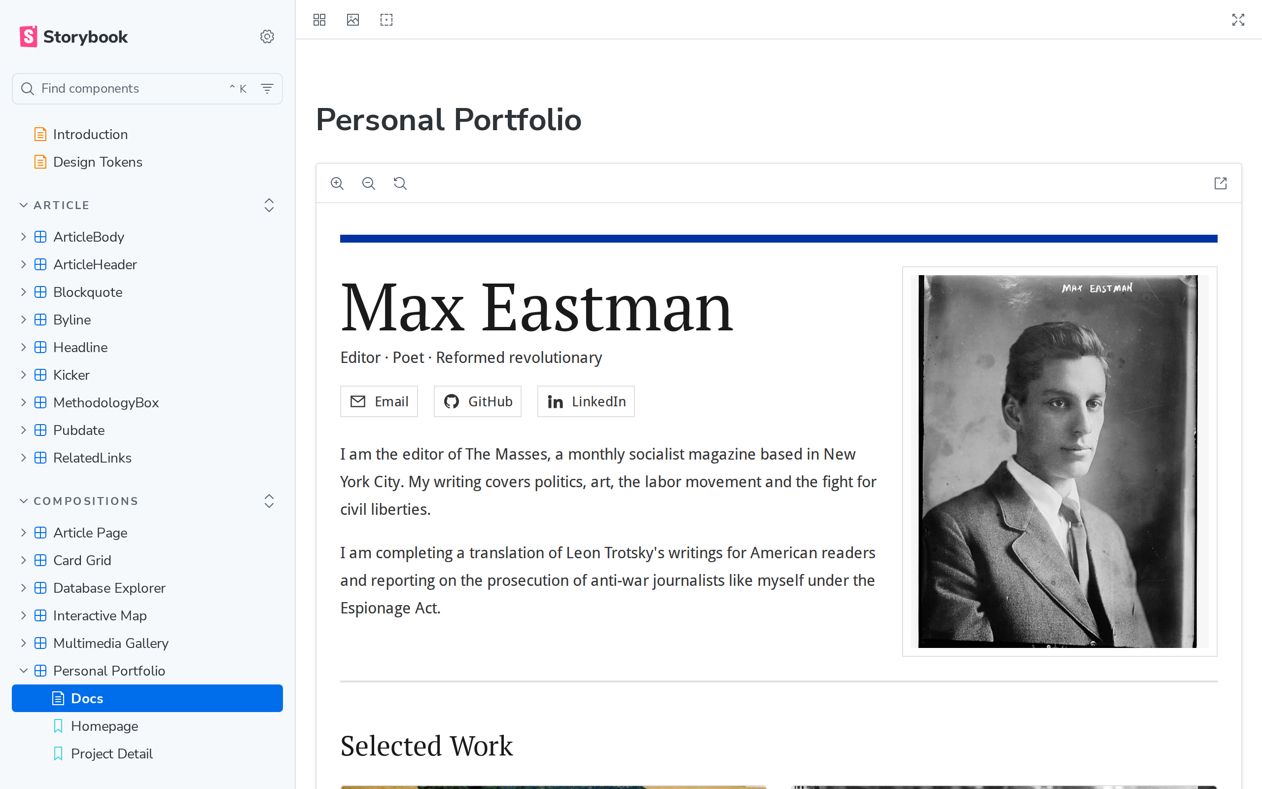 The class template's Storybook showing the Portfolio composition with Profile and Card components