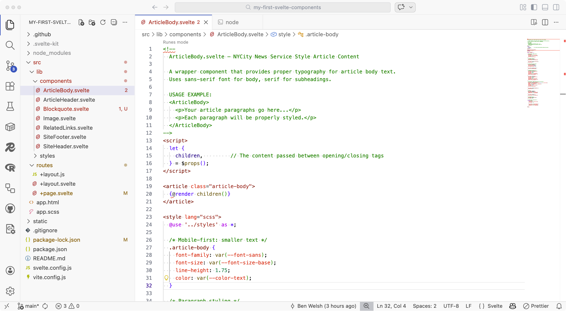 VS Code showing ArticleBody.svelte component with Explorer open