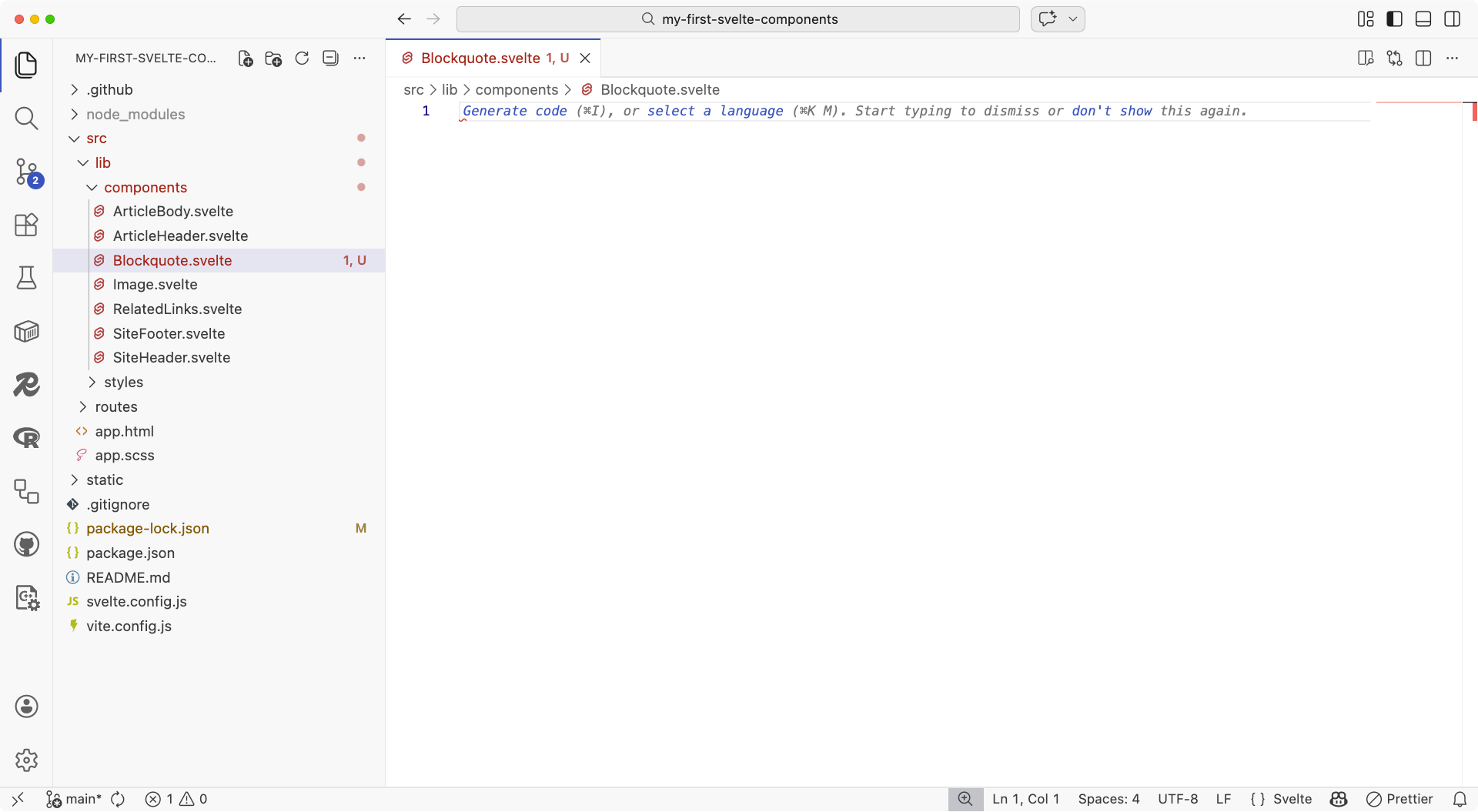 VS Code showing an empty Blockquote.svelte file