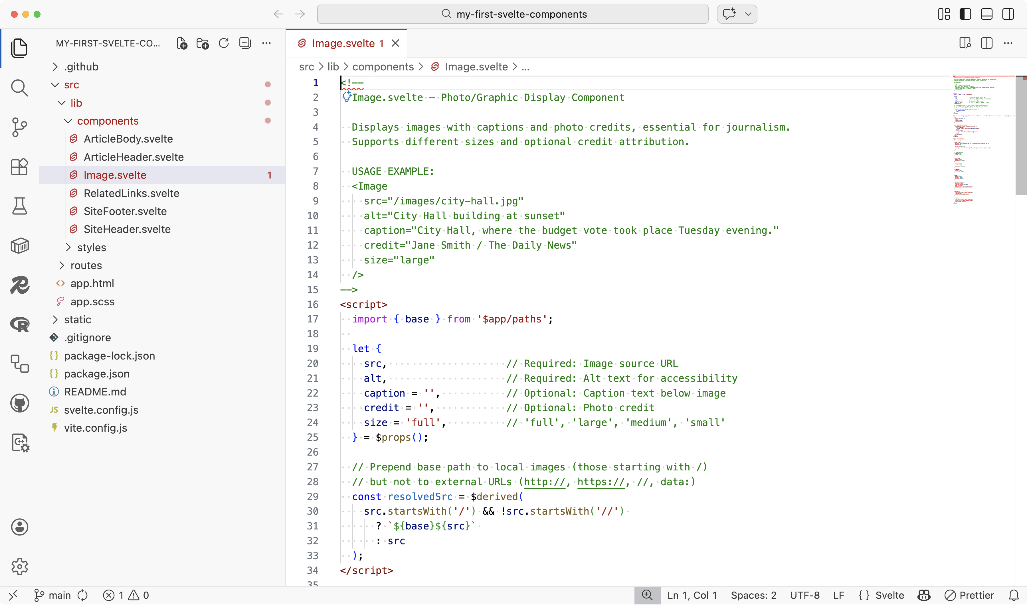 VS Code showing Image.svelte with Explorer open