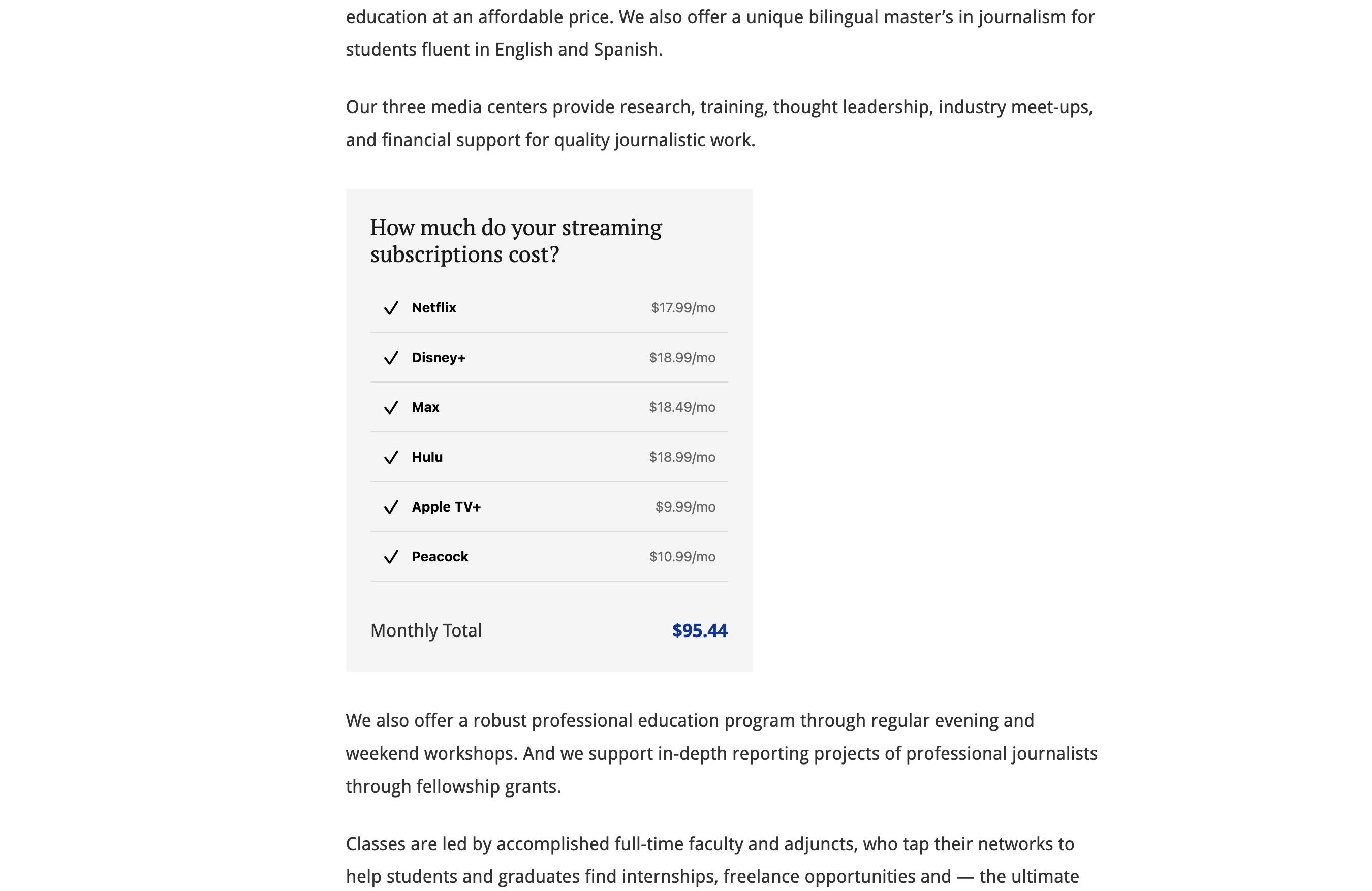 A StreamingCost component showing buttons for Netflix, Disney+, Max, Hulu, Apple TV+ and Peacock. Each has a checkbox and price. Below is a summary section that shows the monthly total. As different services are checked and unchecked, the total updates to reflect the new sum.