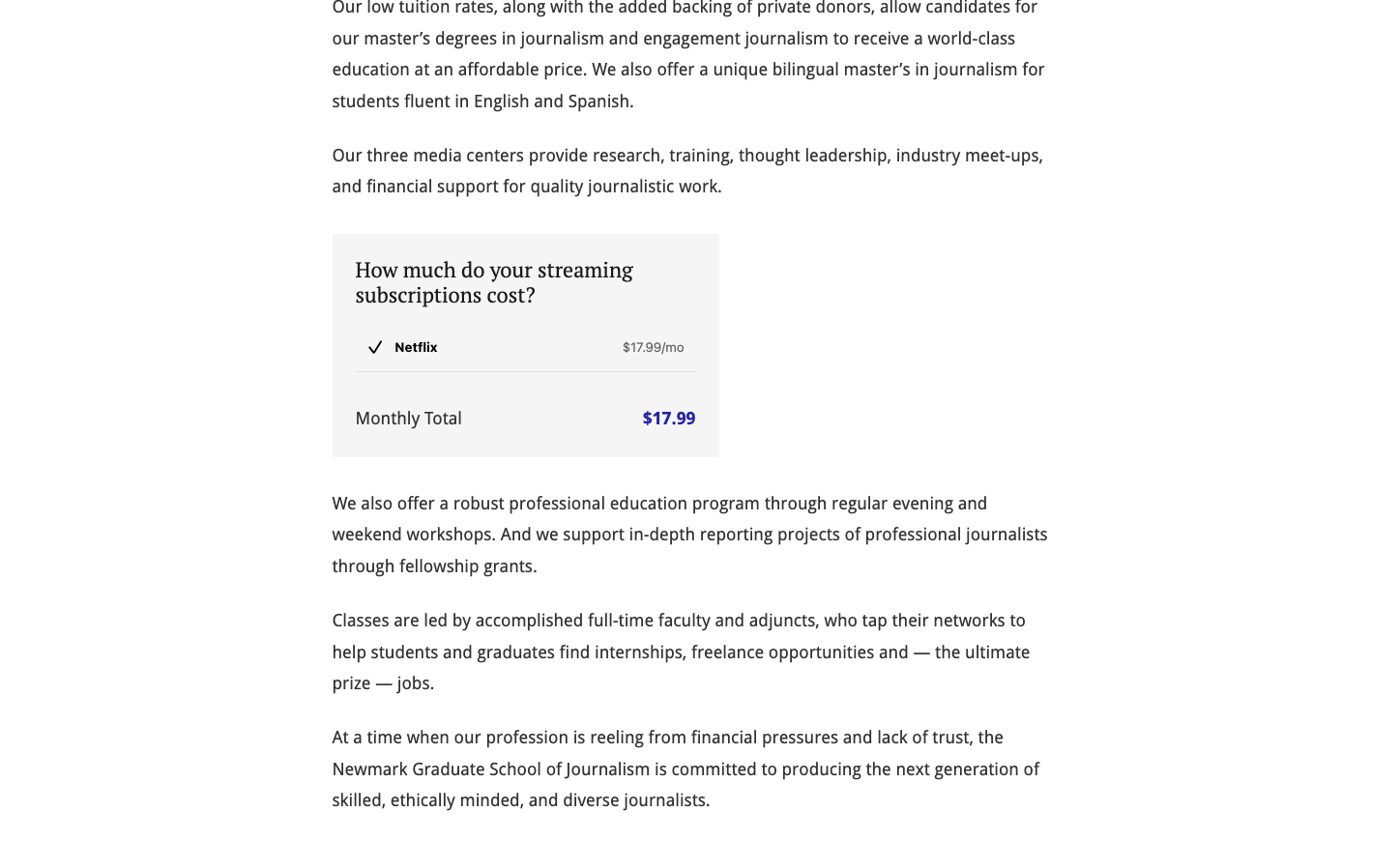 A StreamingCost component showing a button for Netflix with a checkbox and price. Below it is a summary section that shows the monthly total. When the Netflix checkbox is checked, the total shows $17.99. When unchecked, it shows $0.00.