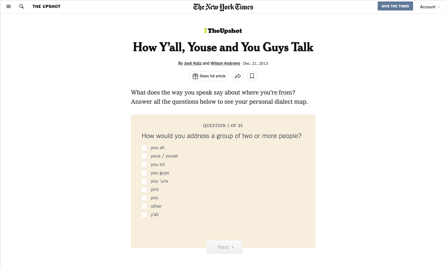 The New York Times dialect quiz showing a heat map of the United States based on reader answers about regional vocabulary