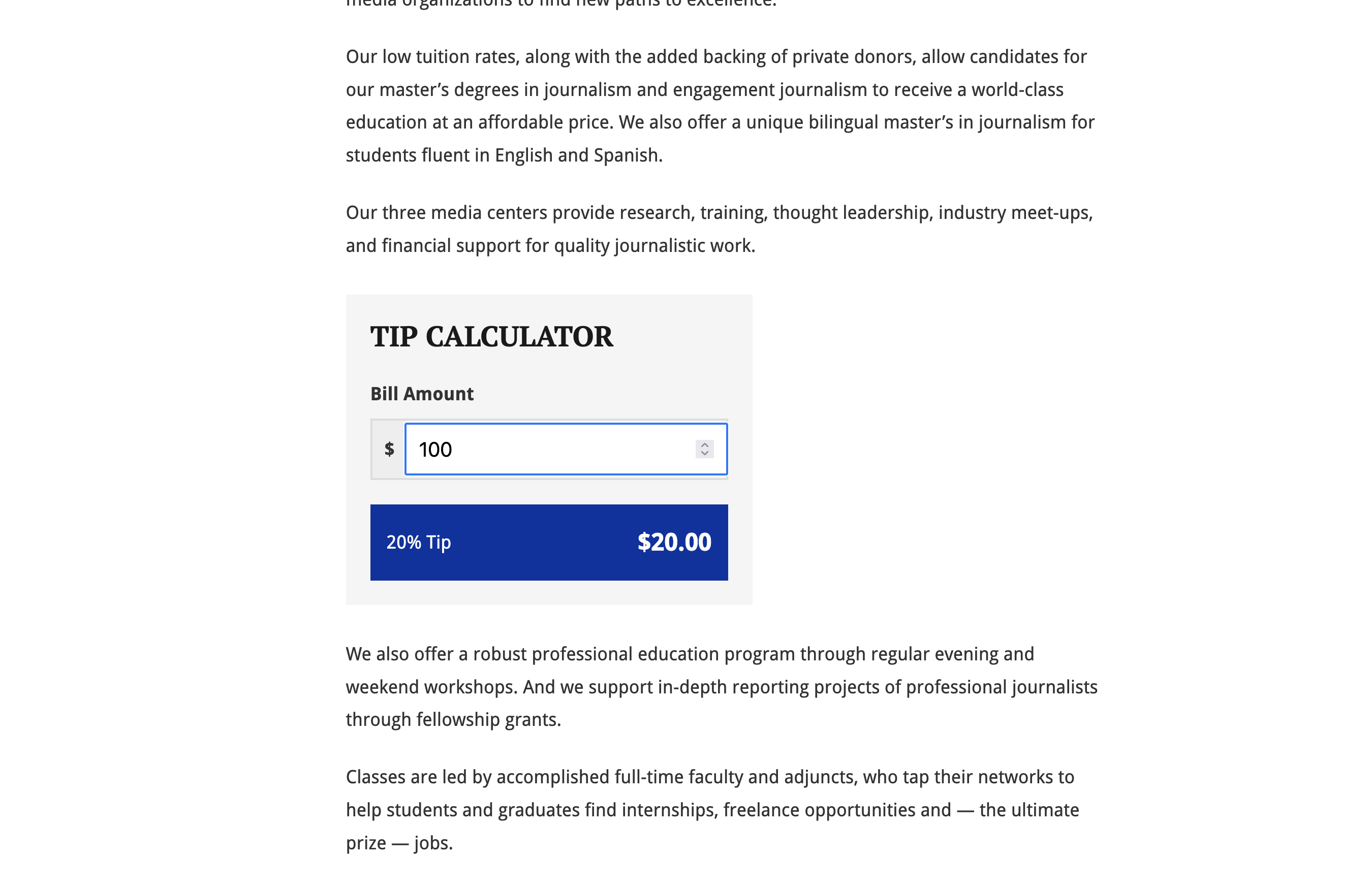 A TipCalculator component showing a bill amount input and a 20% tip calculation. When the user types a bill amount, the tip updates instantly.