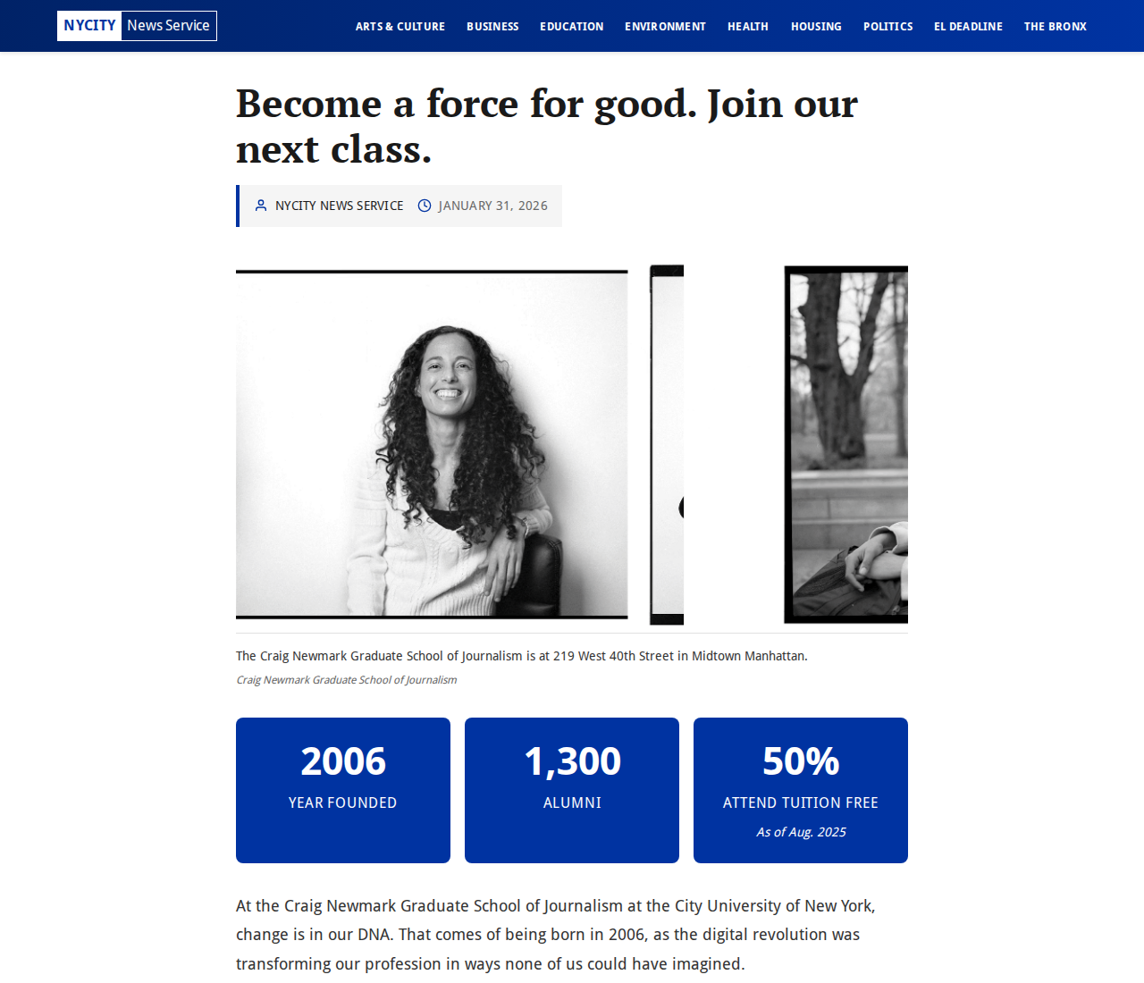 The template site showing three blue BigNumber stat cards in a row displaying year founded, alumni count, and tuition percentage