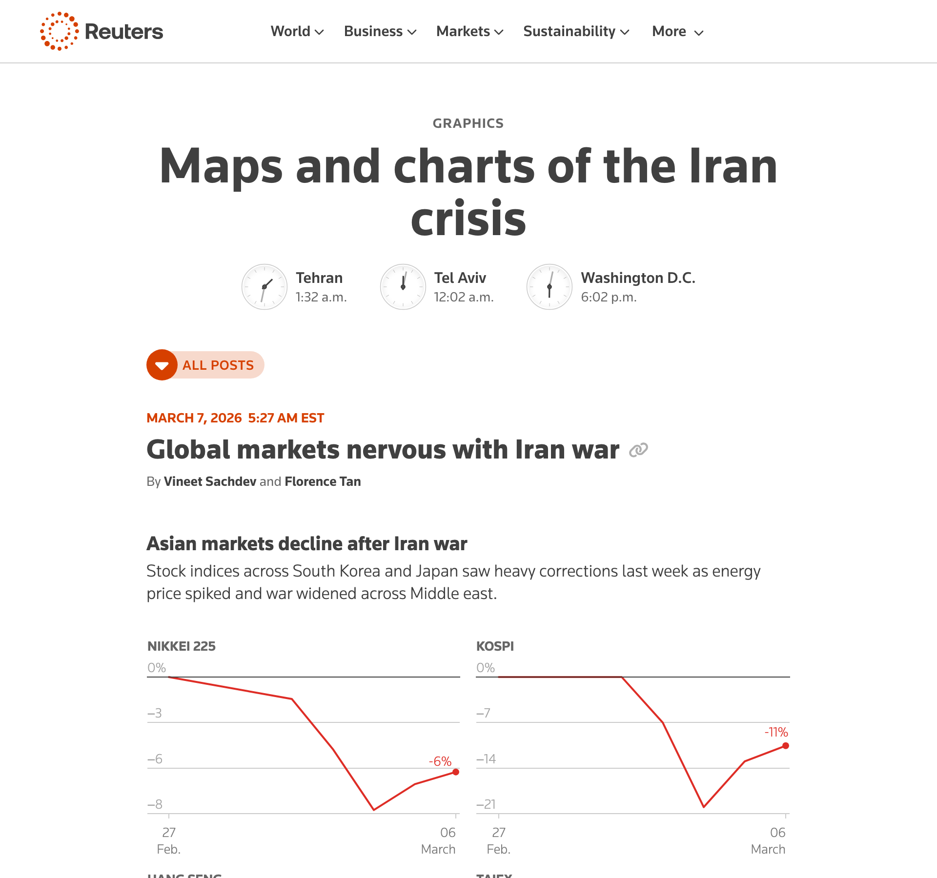 Reuters Graphics visual explainer 'Mapping the crisis in Iran' showing maps and charts with consistent Reuters typography, spacing and layout