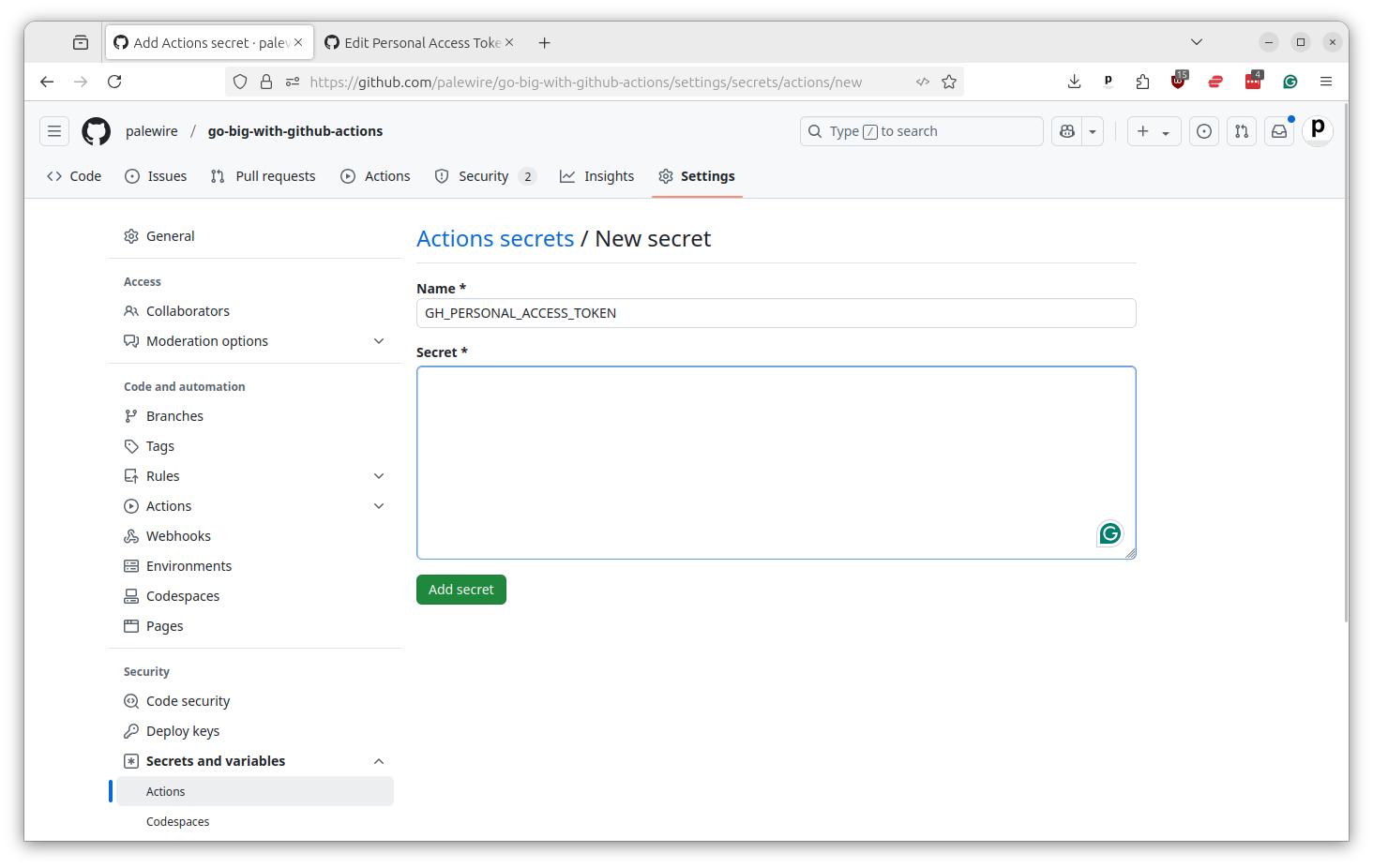 GitHub repository secrets page showing New repository secret form with name and value fields