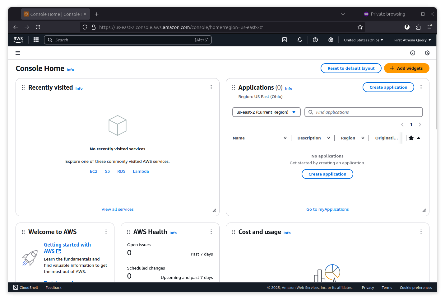 AWS Management Console dashboard showing available services and search bar