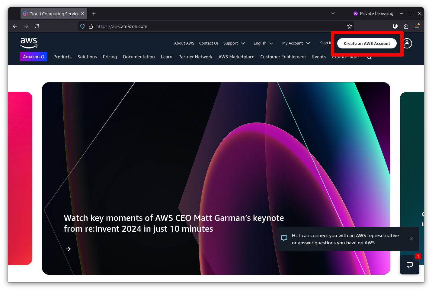 Screenshot of AWS homepage with Create an AWS account button highlighted in upper right corner