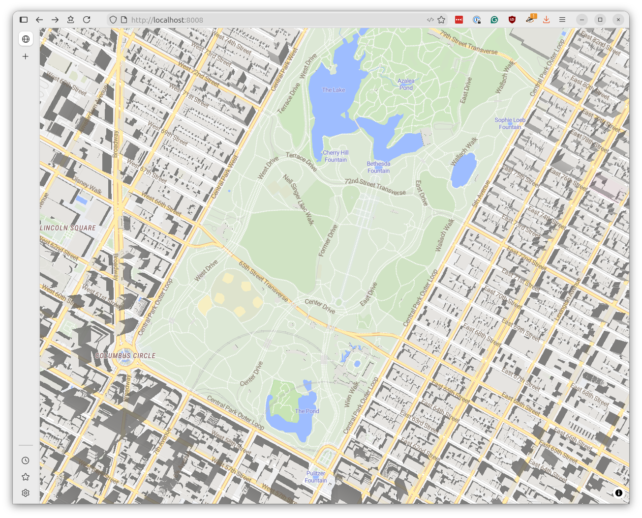 Browser map zoomed into urban area showing 3D building extrusions rendered from buildings PMTiles layer