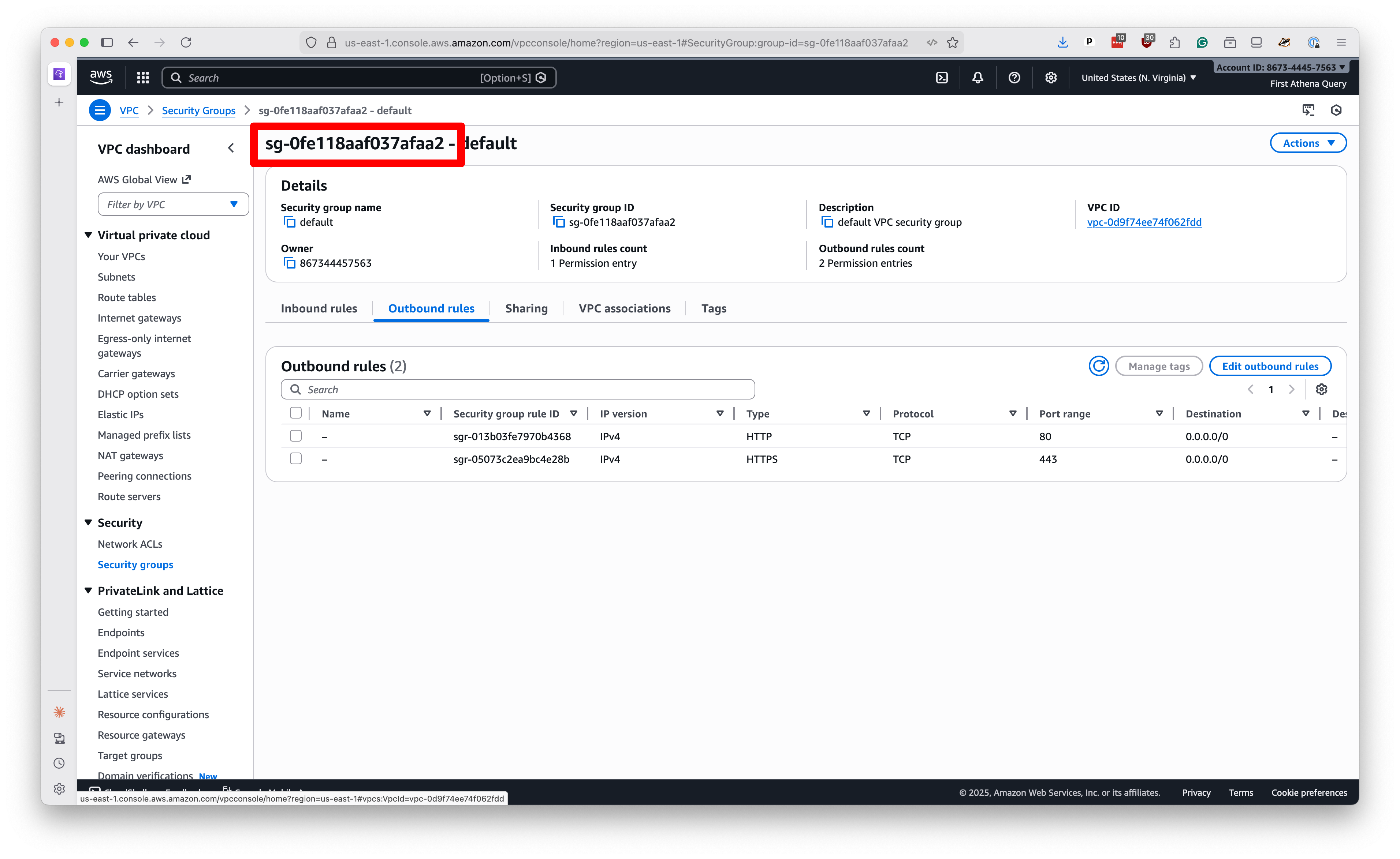 Security group details page highlighting the Security group ID value to copy
