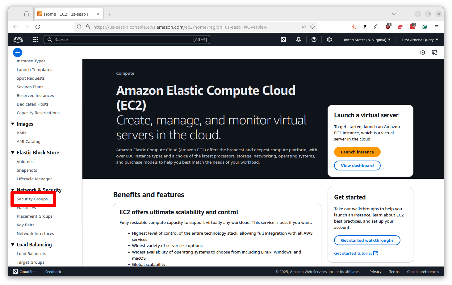 EC2 dashboard with Security Groups option in left sidebar navigation