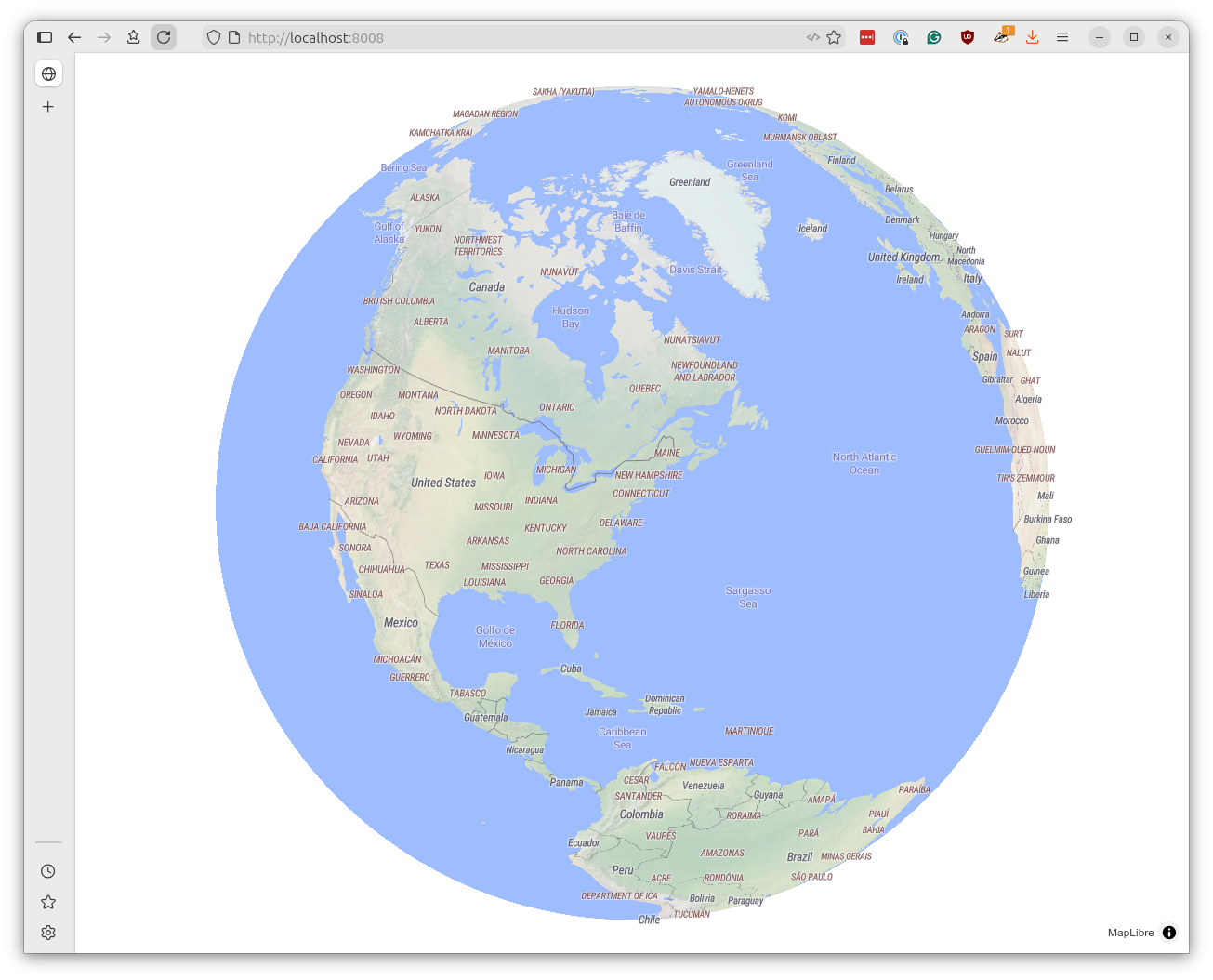 Browser window displaying interactive globe map rendered with PMTiles basemap and MapLibre GL JS