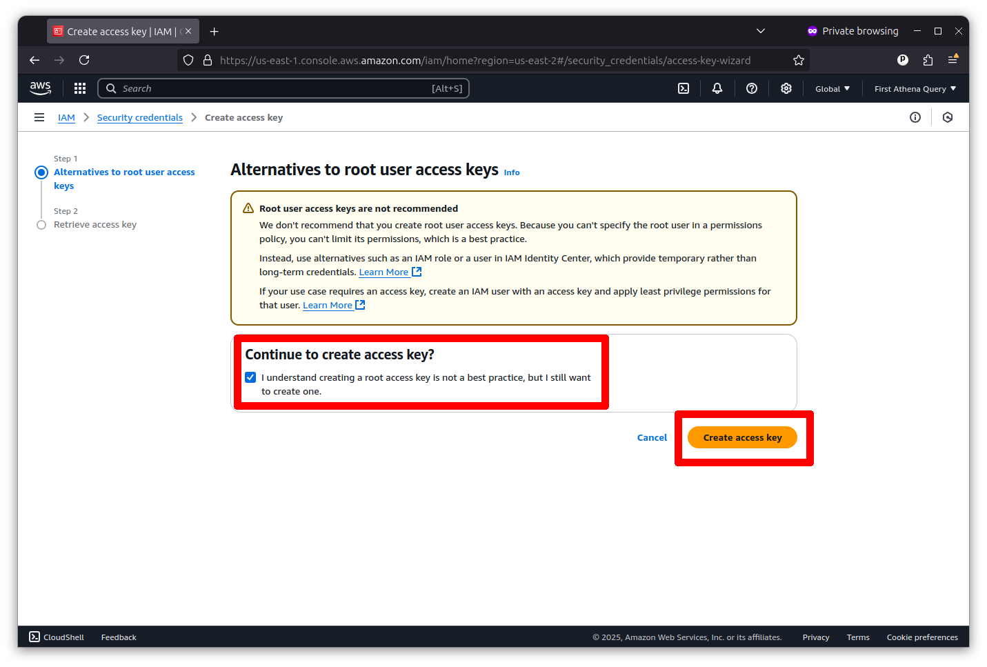 Access key creation dialog with consent checkbox and Create access key button