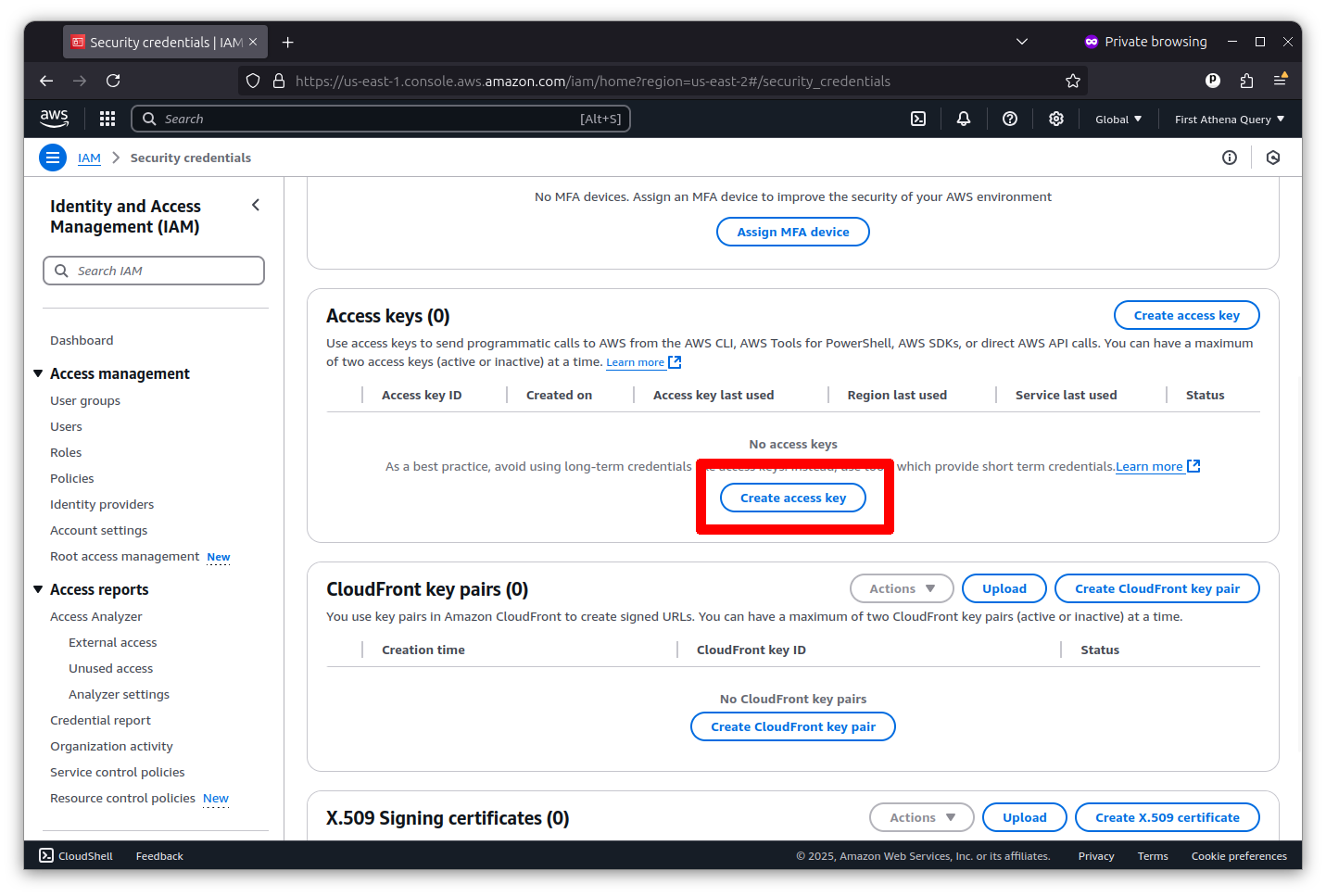 Security Credentials page with Access keys section and Create access key button