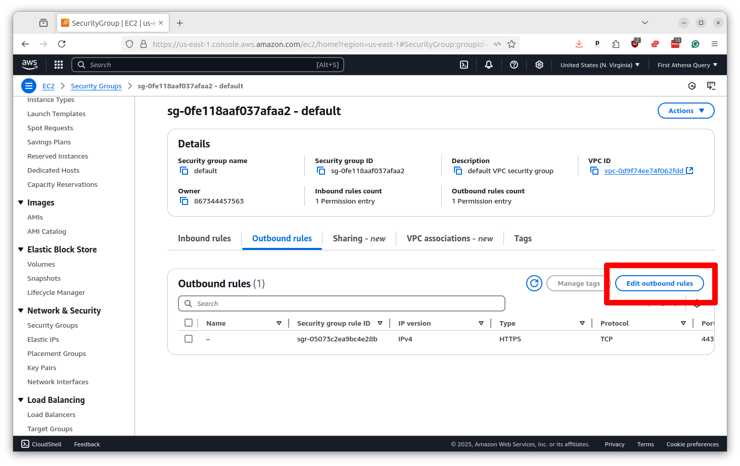 Outbound rules tab showing existing rules and Edit outbound rules button