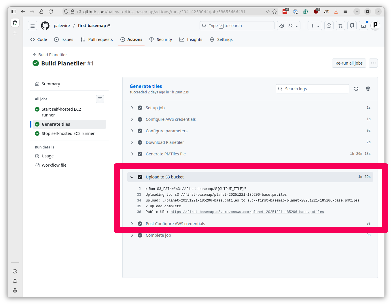 GitHub Actions workflow logs showing completed tile generation with S3 public URL output