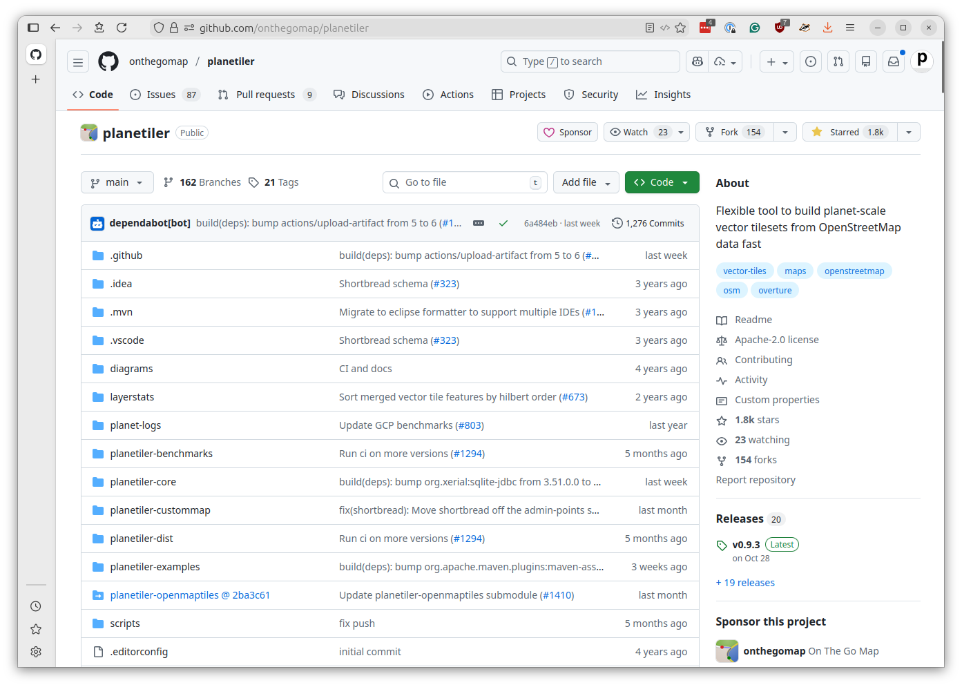 Planetiler GitHub repository page showing project description and documentation