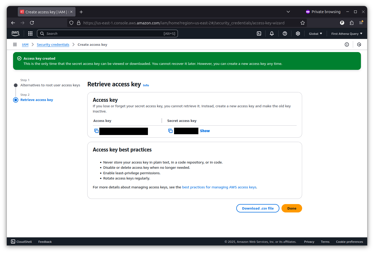 AWS access key success screen showing redacted access key ID and secret access key
