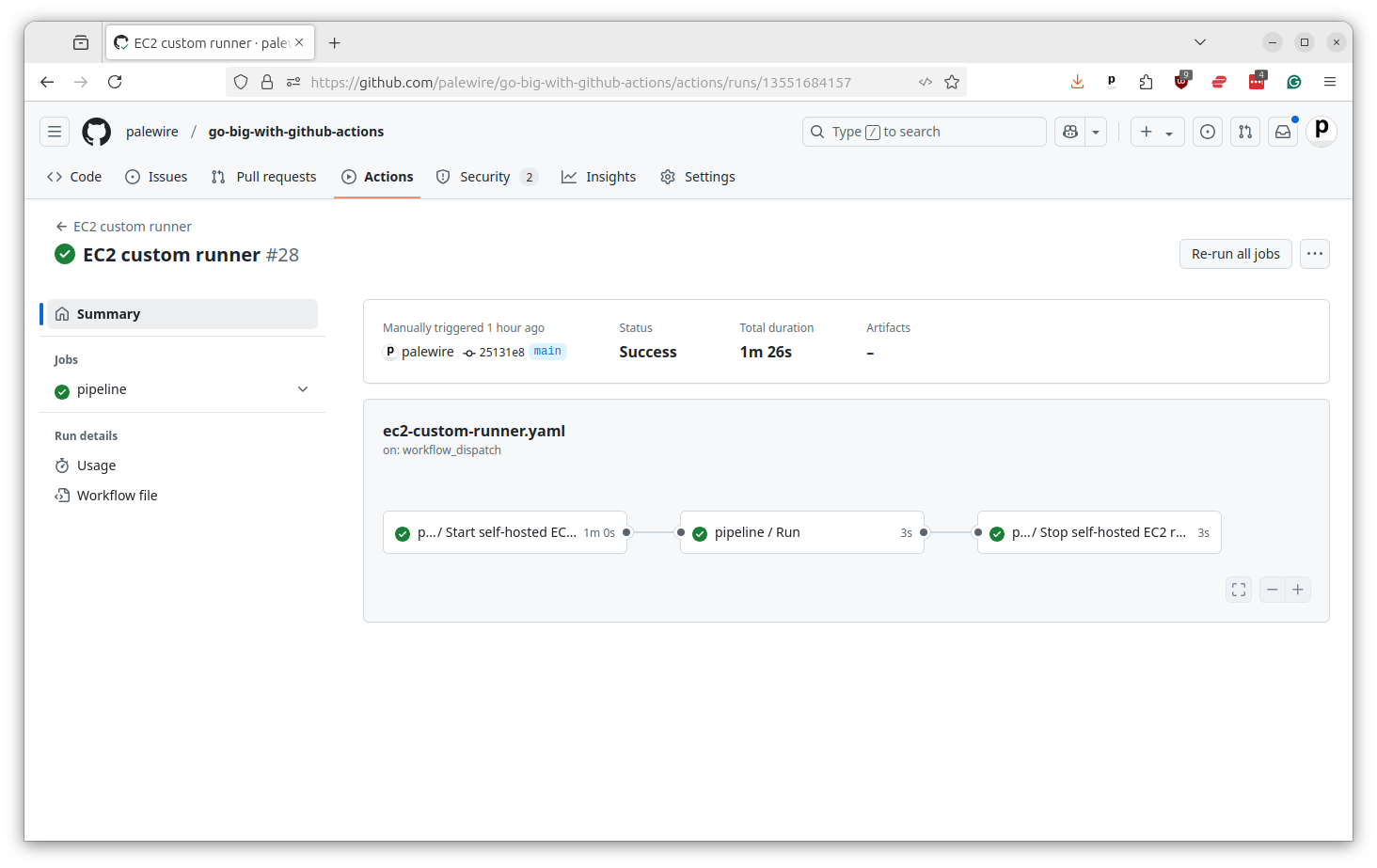 GitHub Actions workflow run showing three completed jobs: start runner, run, and stop runner