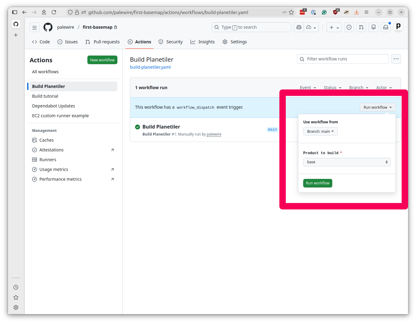 GitHub Actions Build Planetiler workflow page with Run workflow dropdown showing product selection options