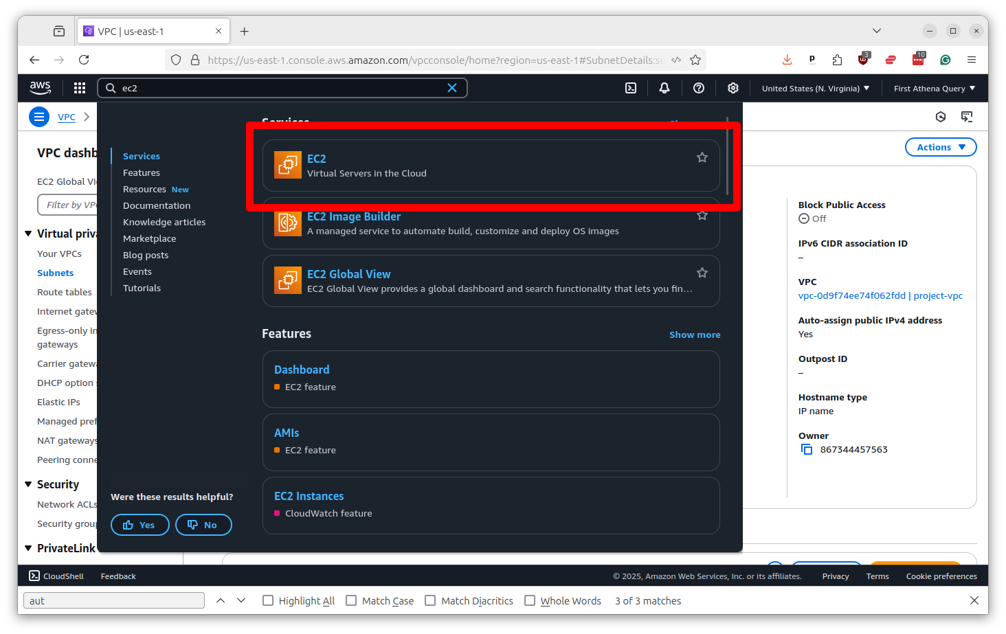 AWS console search bar with EC2 entered and EC2 service result displayed